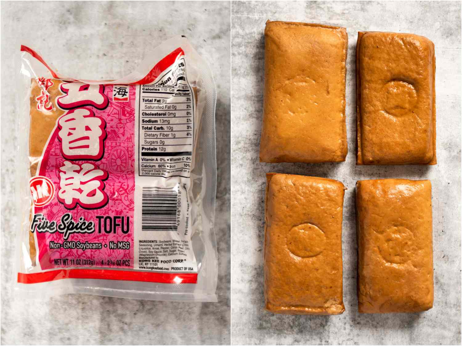 Collage of five-spice tofu in packaging; unpackaged