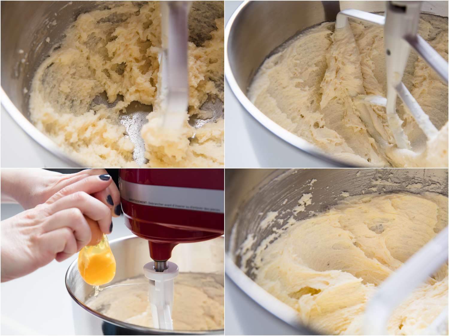 A collage: creaming butter and sugar until smooth in the bowl of a stand mixer, adding egg and beat until they combine. 