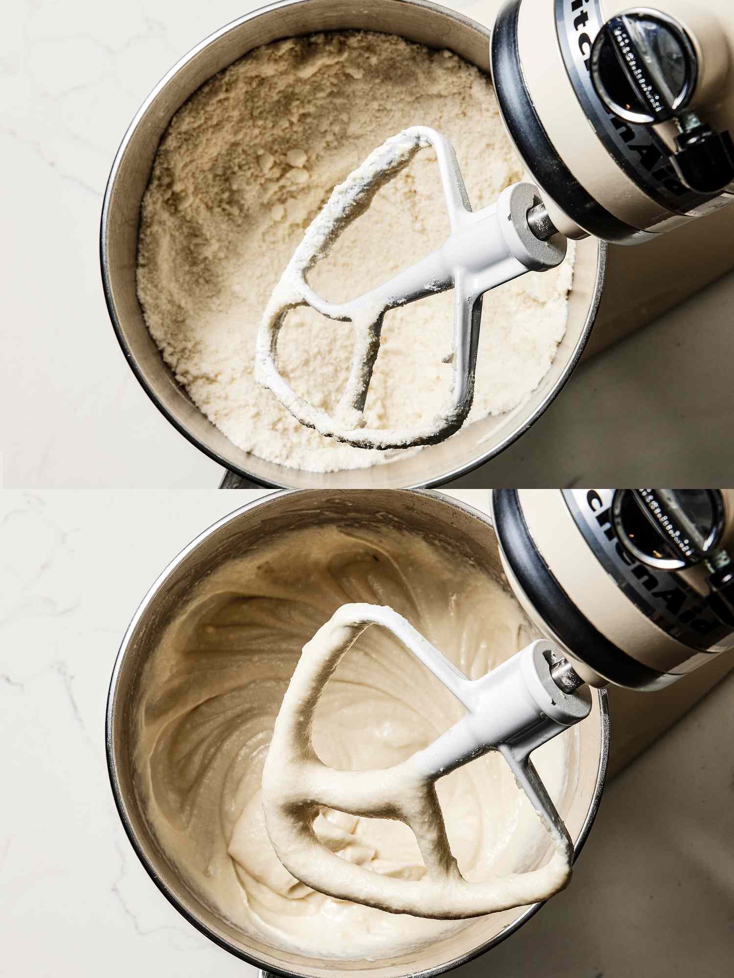 2 image collage. Top: dough mixture in stand mixer bowl showing sandy texture. Bottom: dough smoothed out in stand mixer bowl with liquids added 