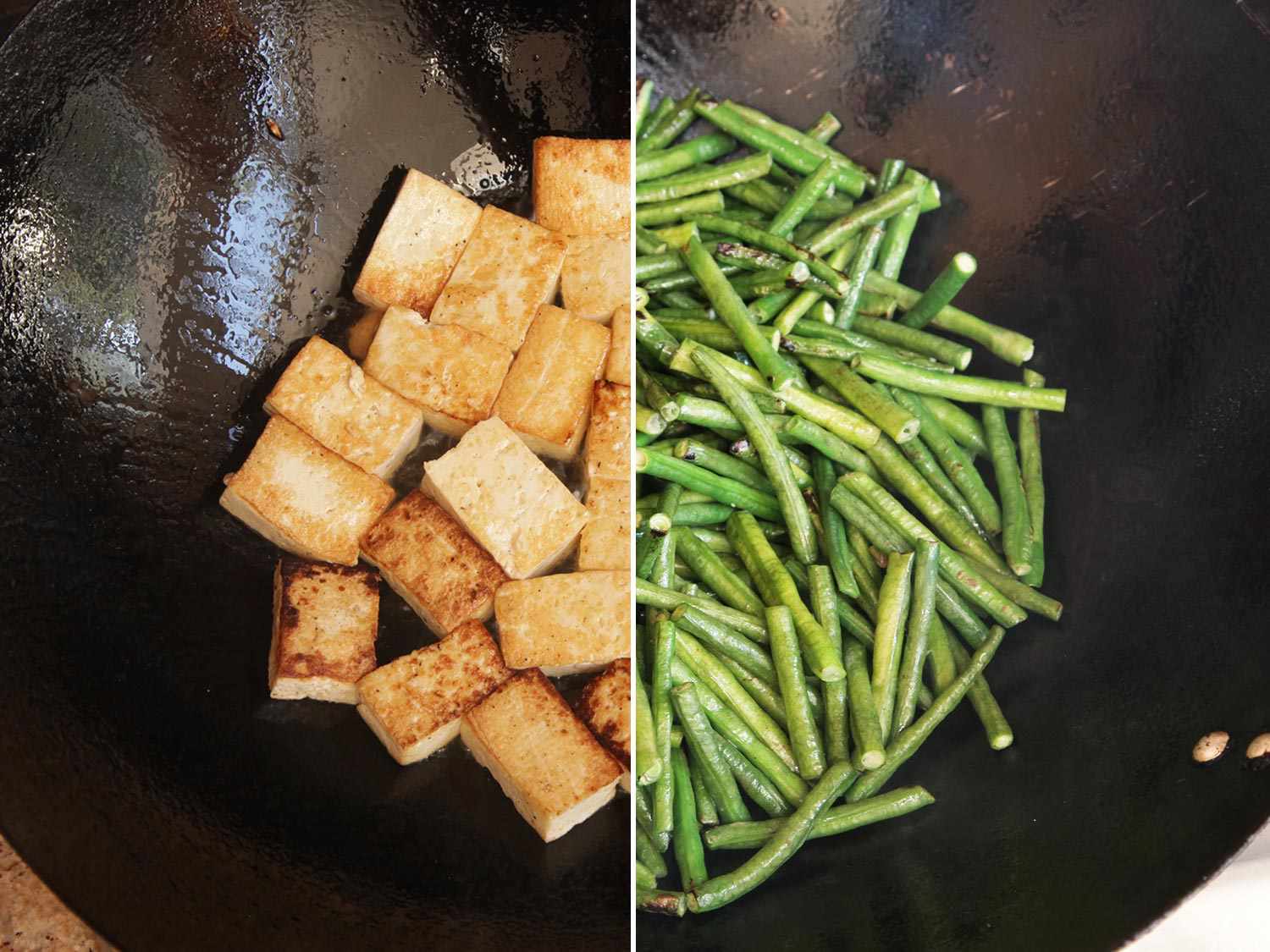 Side by side images of tofu and long beans being fried separately for phat phrik khing