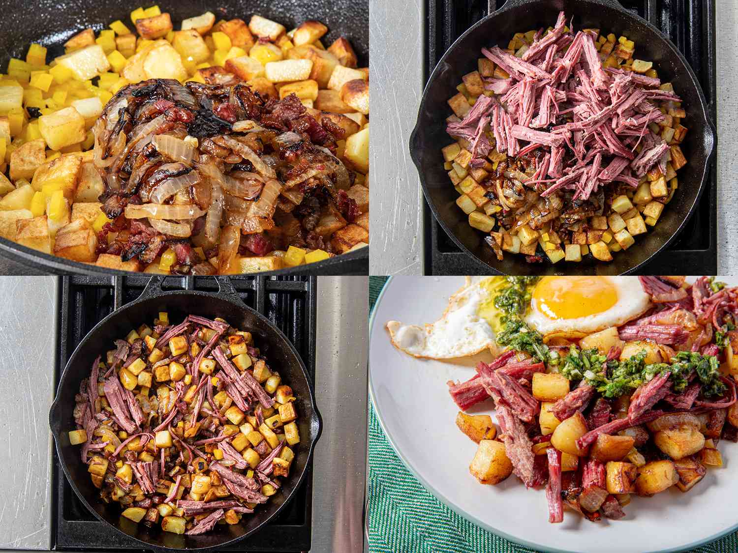 Collage layering hash components: browned onions added to yellow peppers and potatoes in skillet, corned beef added on top of potato mixture, corned beef hash cooking down skillet, and plated corned beef hash with fried egg and chimichurri 