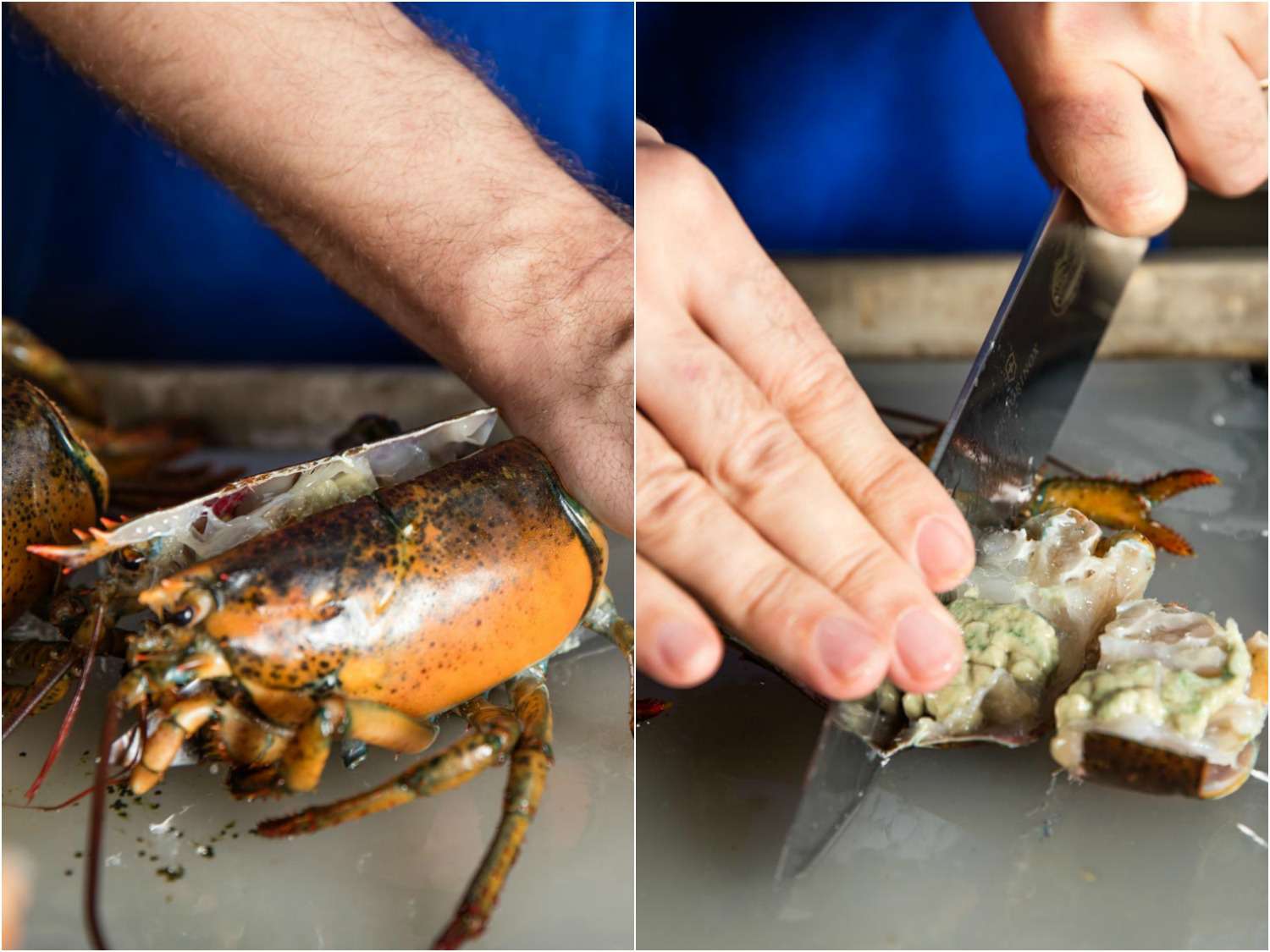 On the left: a lobster body being split lengthwise down the carapace. On the right: one lobster body half being cut into chunks.