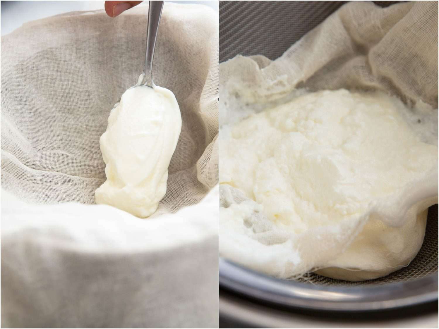 Two-image collage: spooning yogurt in a piece of cheesecloth hanging over a bowl and allowing the yogurt to strain to make Greek-style yogurt.