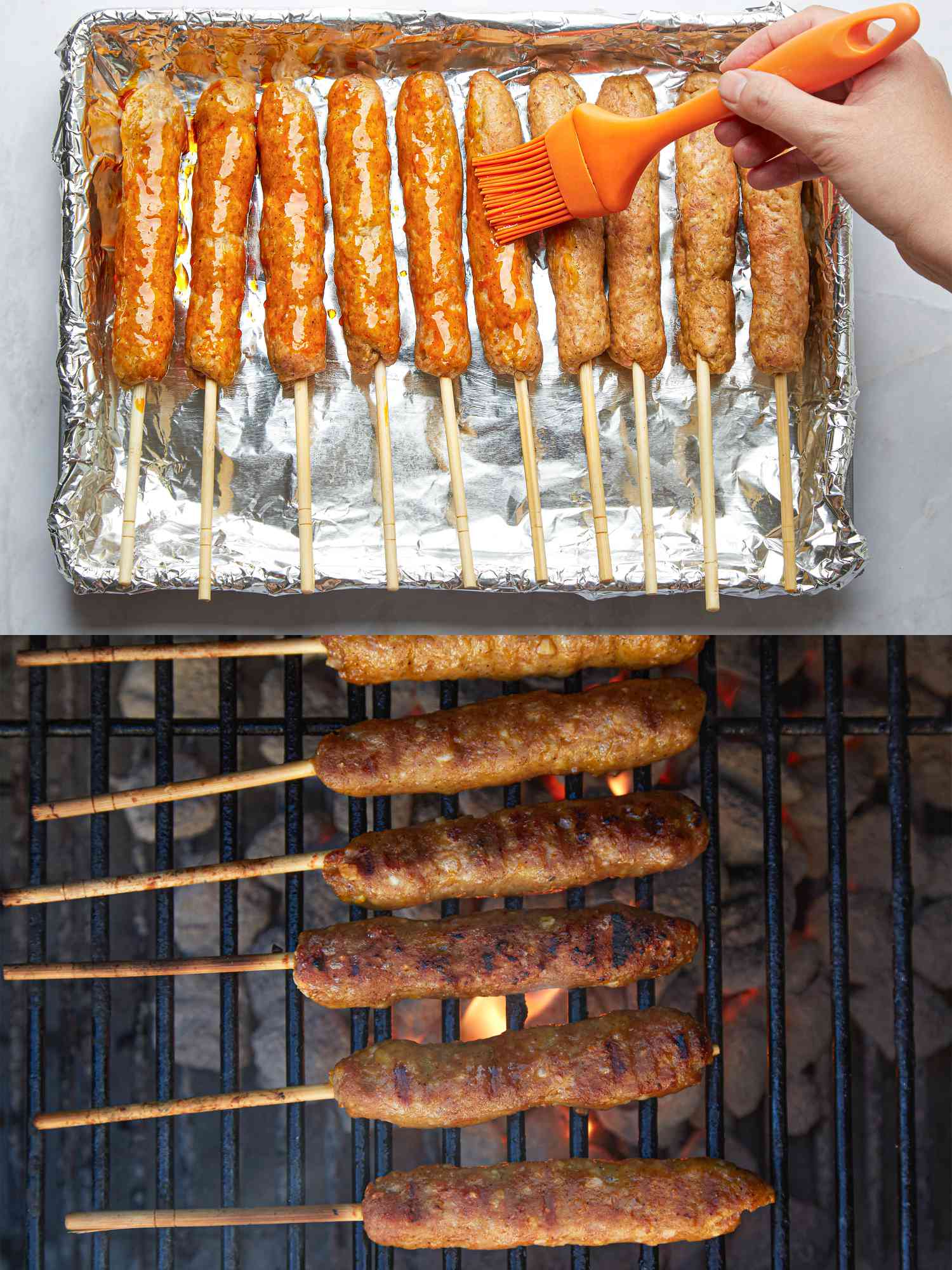 Two image collage a spreading oil on skewers and skewers cooking on the grill