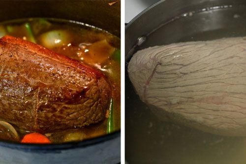 Two-image collage of a browned beef roast in a pot with onion, carrot, and other aromatics on the left, and a beef roast that's been added to a pot with nothing but water on the right.