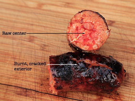 A sausage cut in half, with labels pointing out the raw center and burnt, cracked exterior