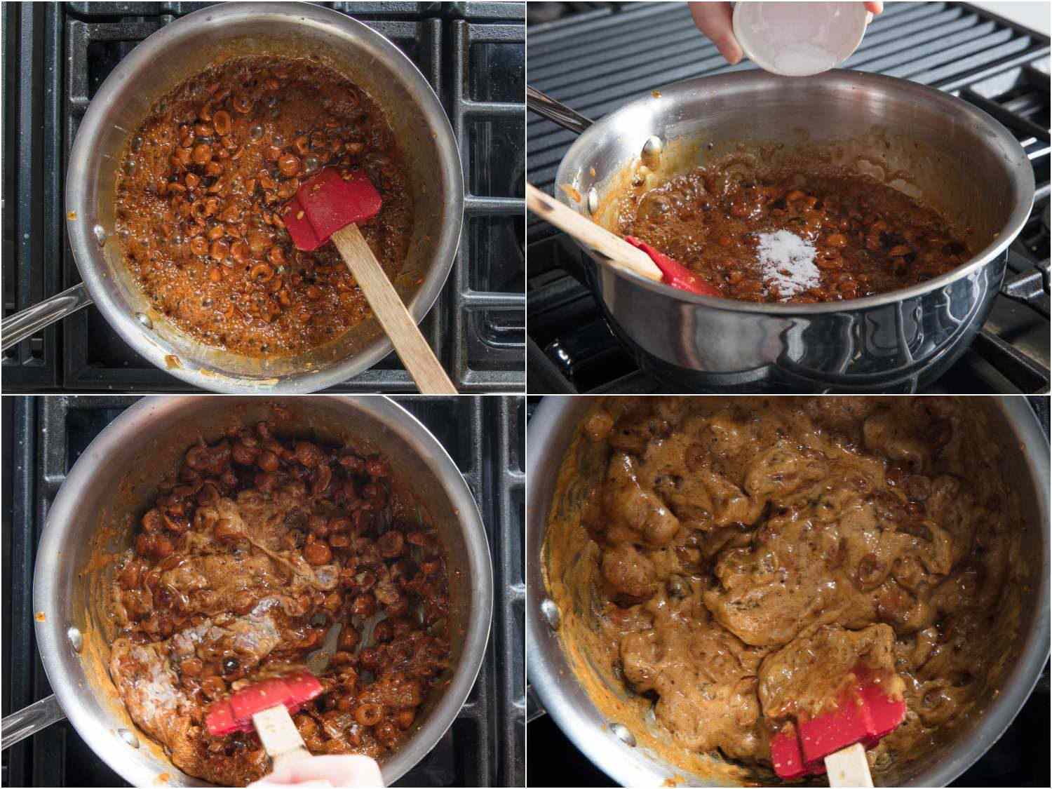 Collage of stirring baking soda into the hazelnut caramel.