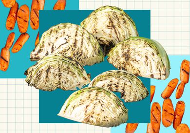 Grilled cabbages and carrots collaged together.