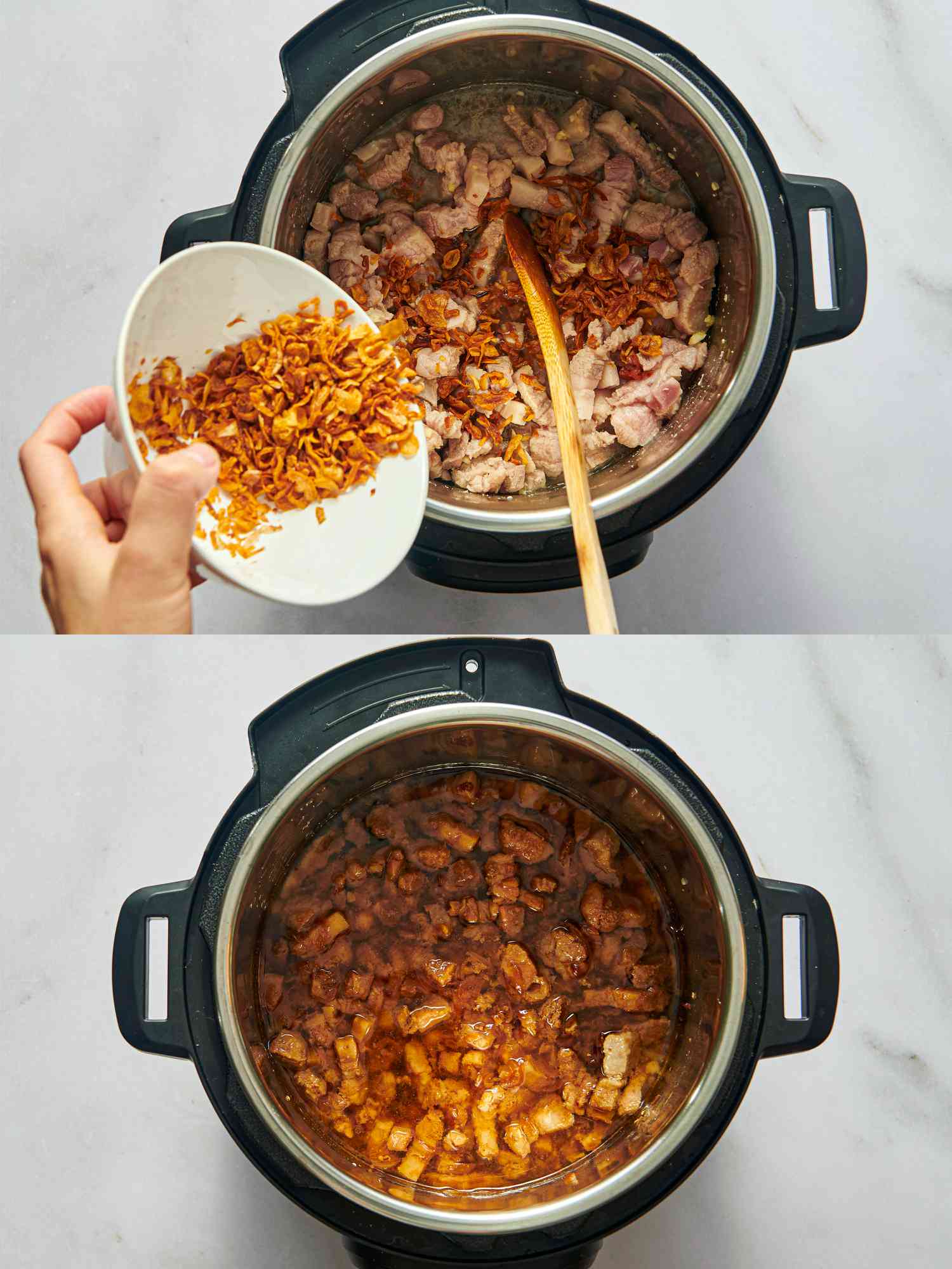 2 image collage. top: adding fried shallots to pressure cooker. Bottom: pork in pressure cooker after cooking 