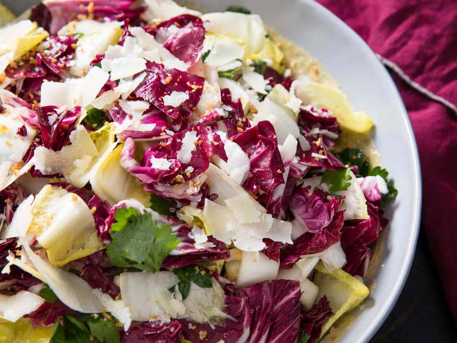 Close-up of the radicchio, endive, and anchovy salad.