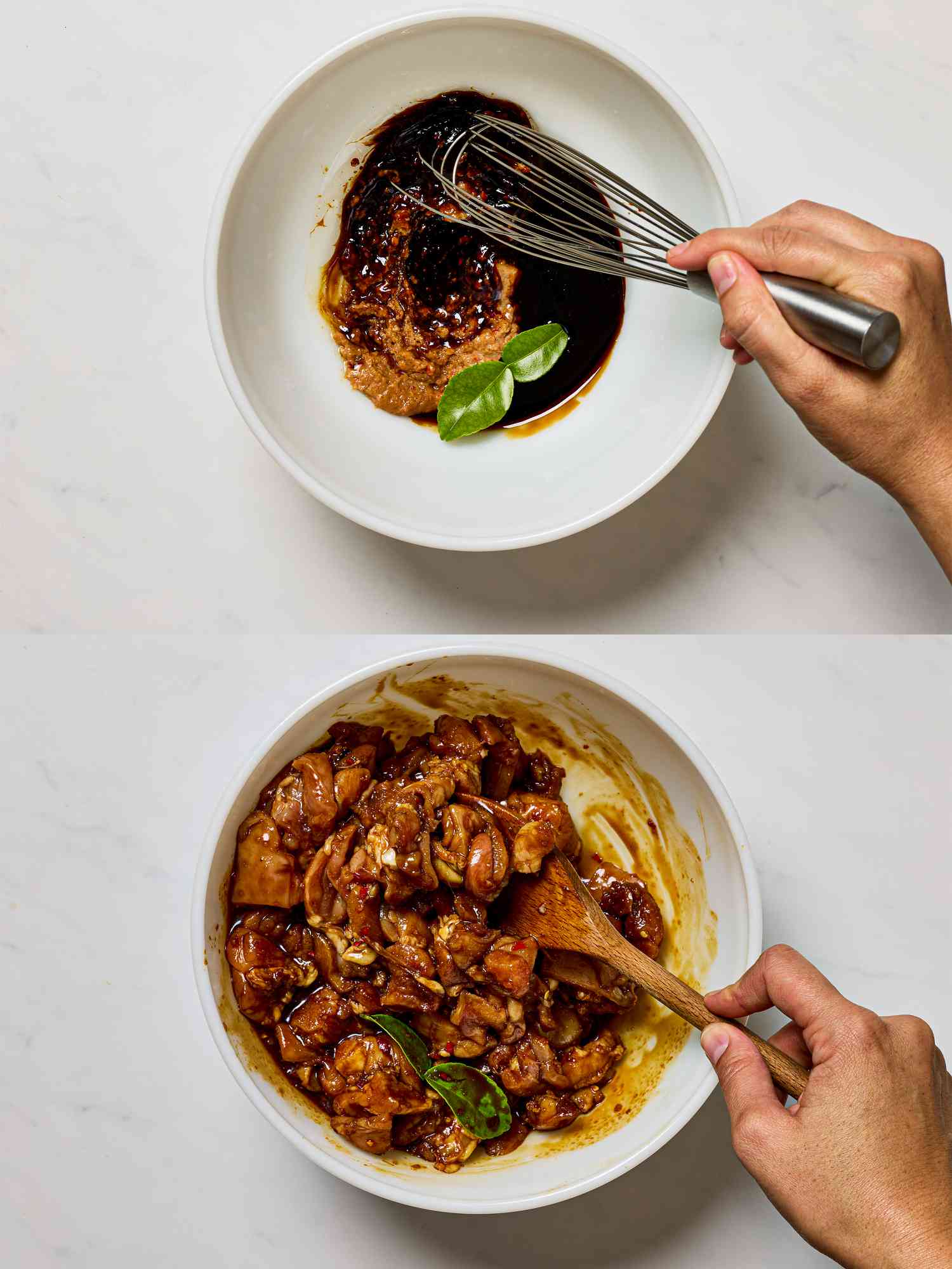 Two image collage of whisking marinades
