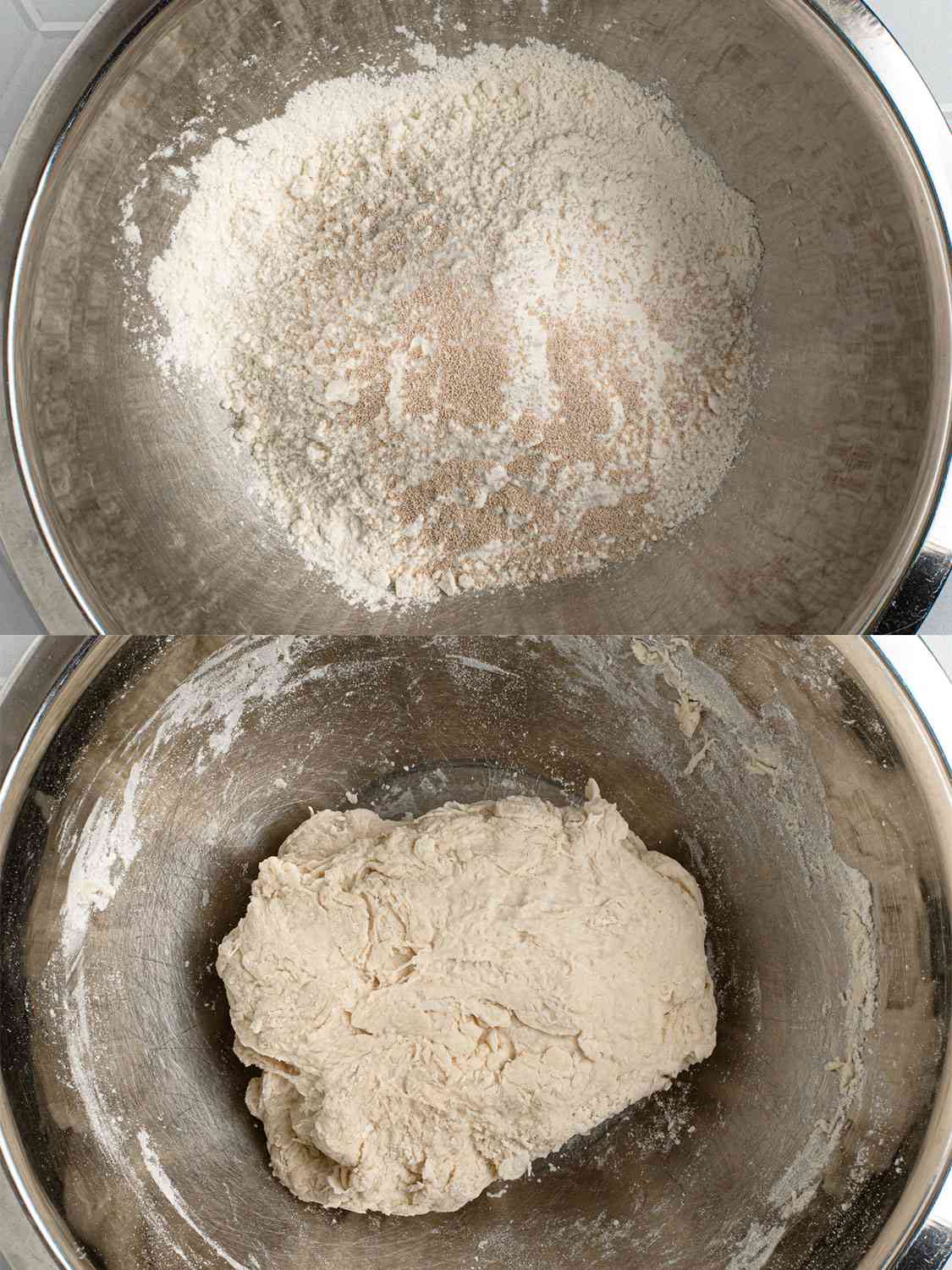 A two-image collage. The top image shows the dry ingredients, unmixed, in a large metal bowl. The bottom image shows the dough after the water stirred into dry ingredients.
