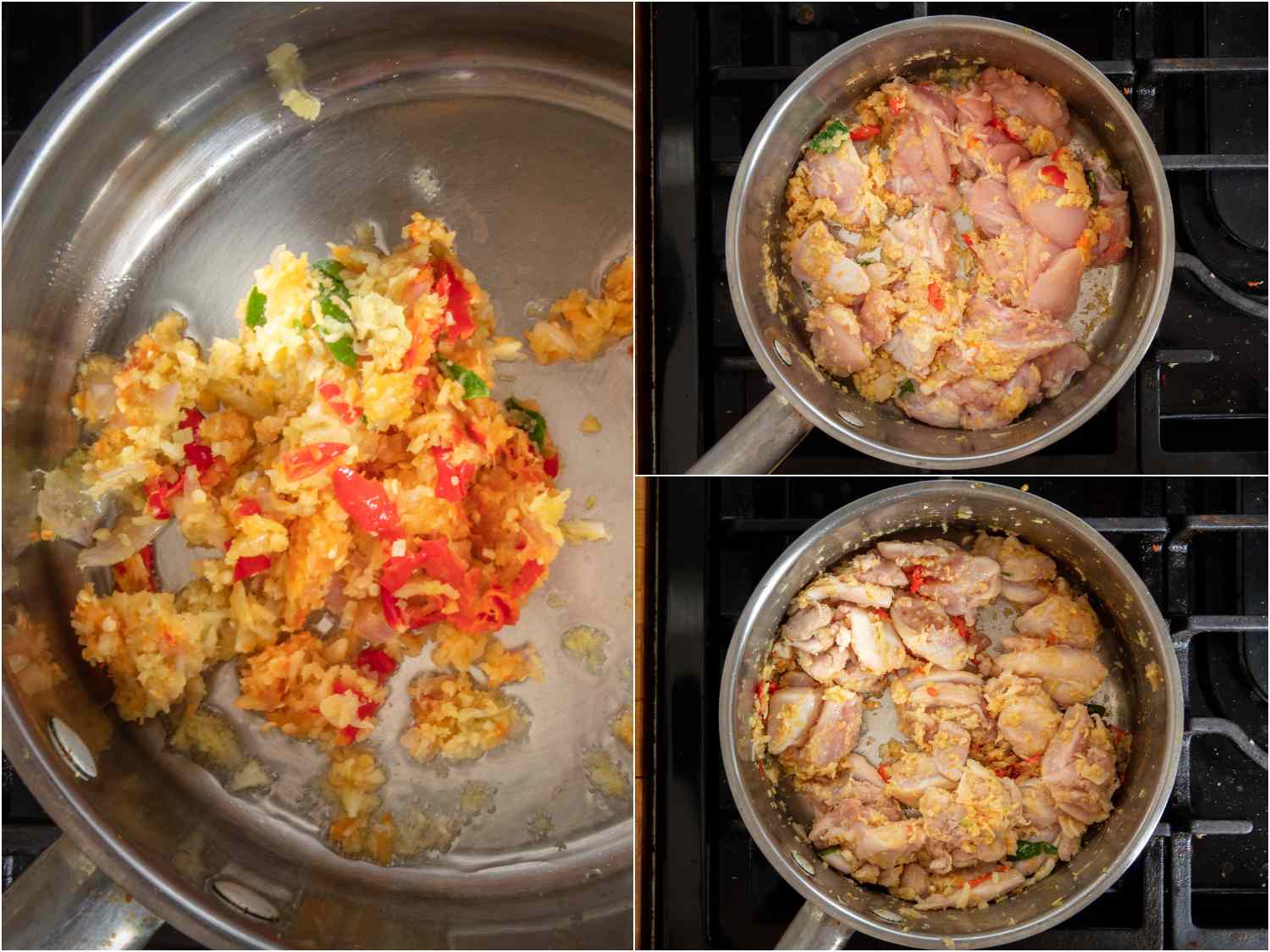 collage: paste added to saucepan; chicken added; chicken cooked slightly