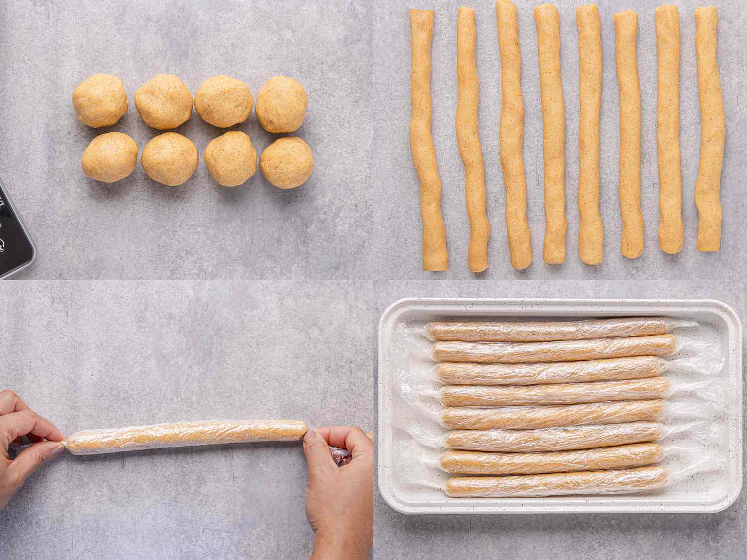 Steps for preparing Vanillekipferl cookies showing dough balls rolled dough shaping process and arranged rolls on a tray