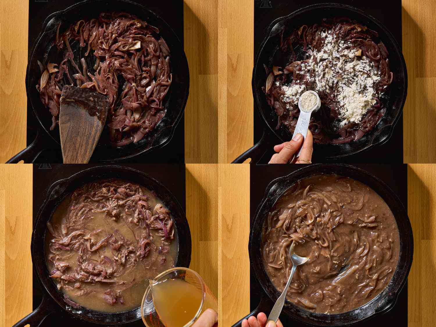 Cooking process of caramelizing onions, thickening with flour, adding liquid, and stirring in steps for a savory dish preparation
