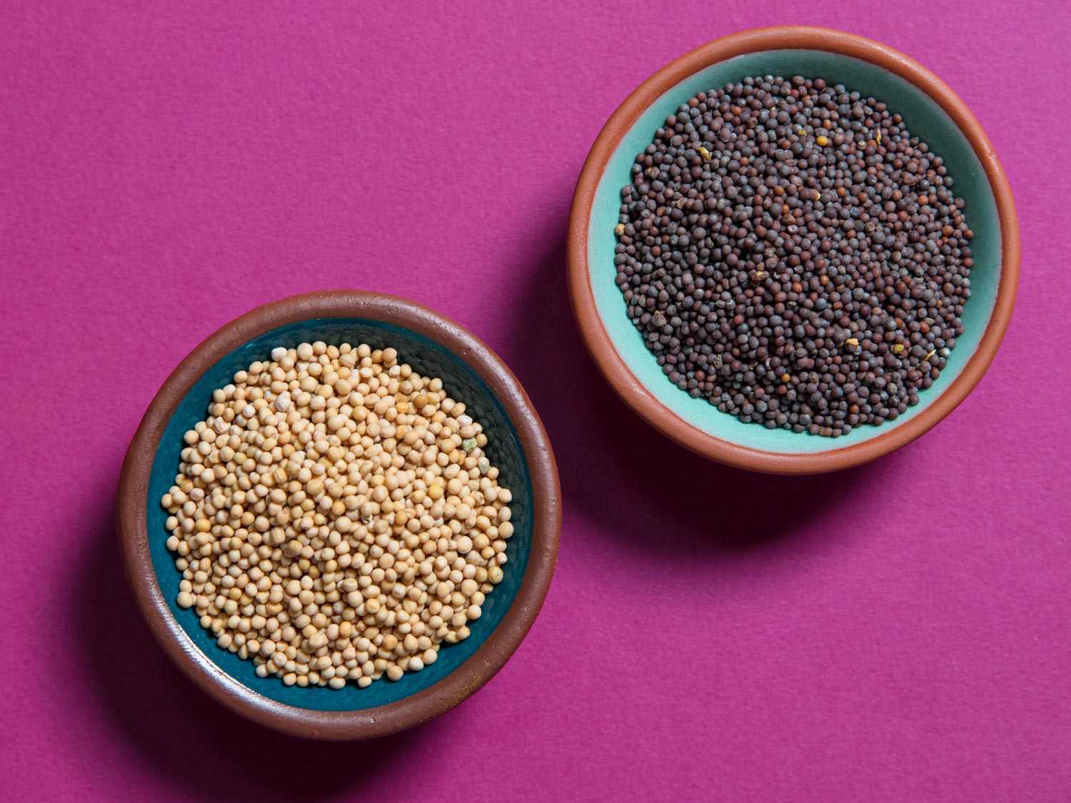 Overhead view of yellow and black mustard seeds in ramekins.