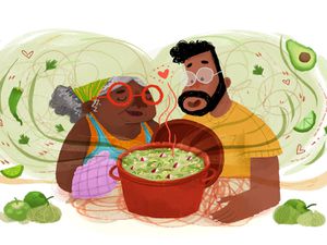 Illustration of two people smelling a pot of pozole verde