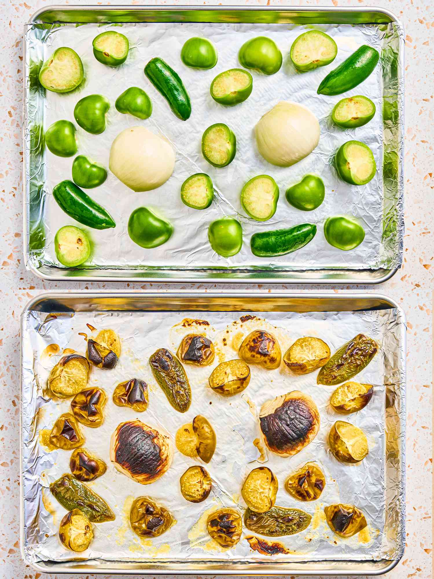two image collage. Top: Chilies and onions on a foil lined sheet pan. Bottom: Roasted chilies and onions on a sheetpan lined with foil
