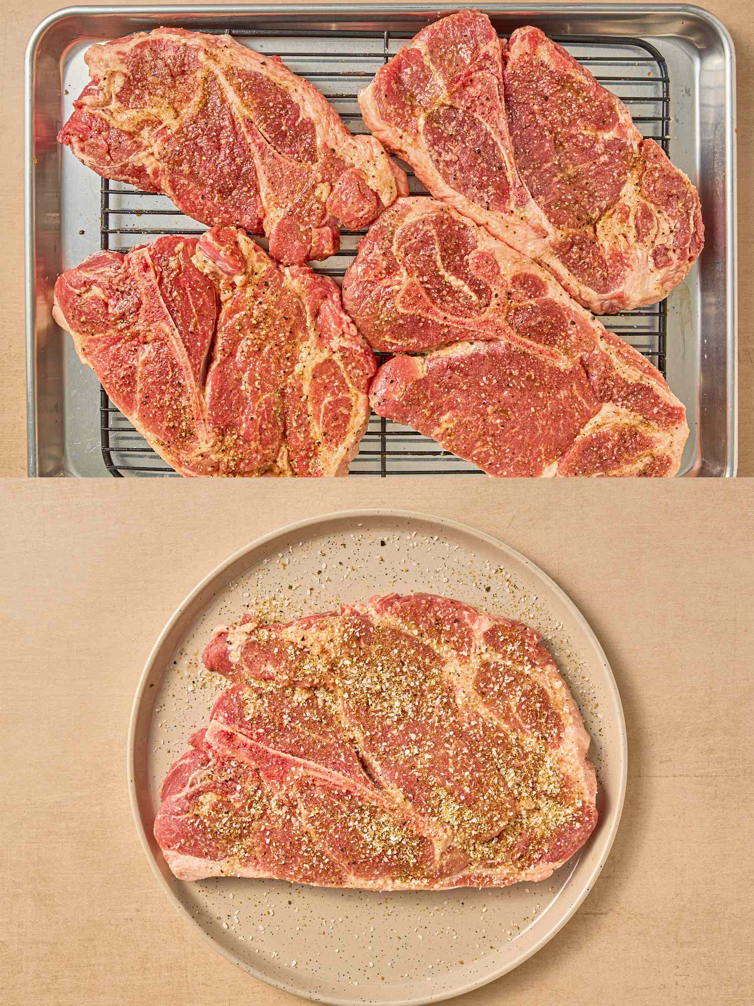 Seasoned pork steak on a plate with additional steaks prepared on a tray