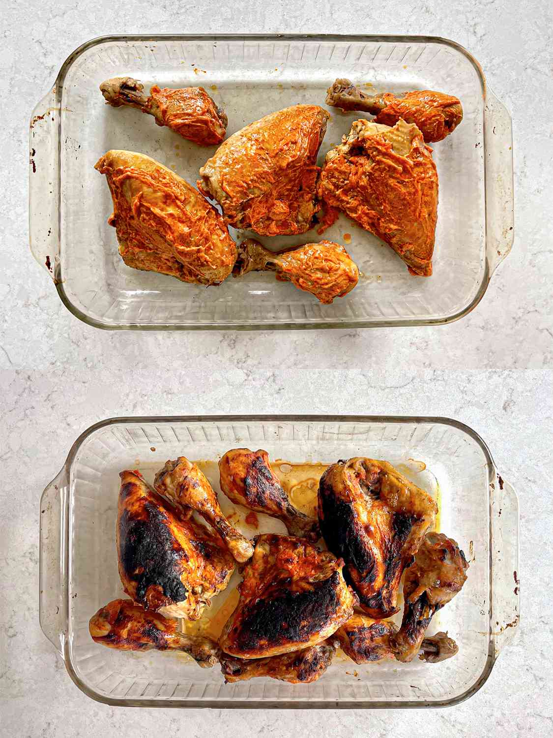 Two image collage of yogurt marinated chicken before and after being cooked 