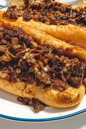 Overhead view of two cheesesteaks