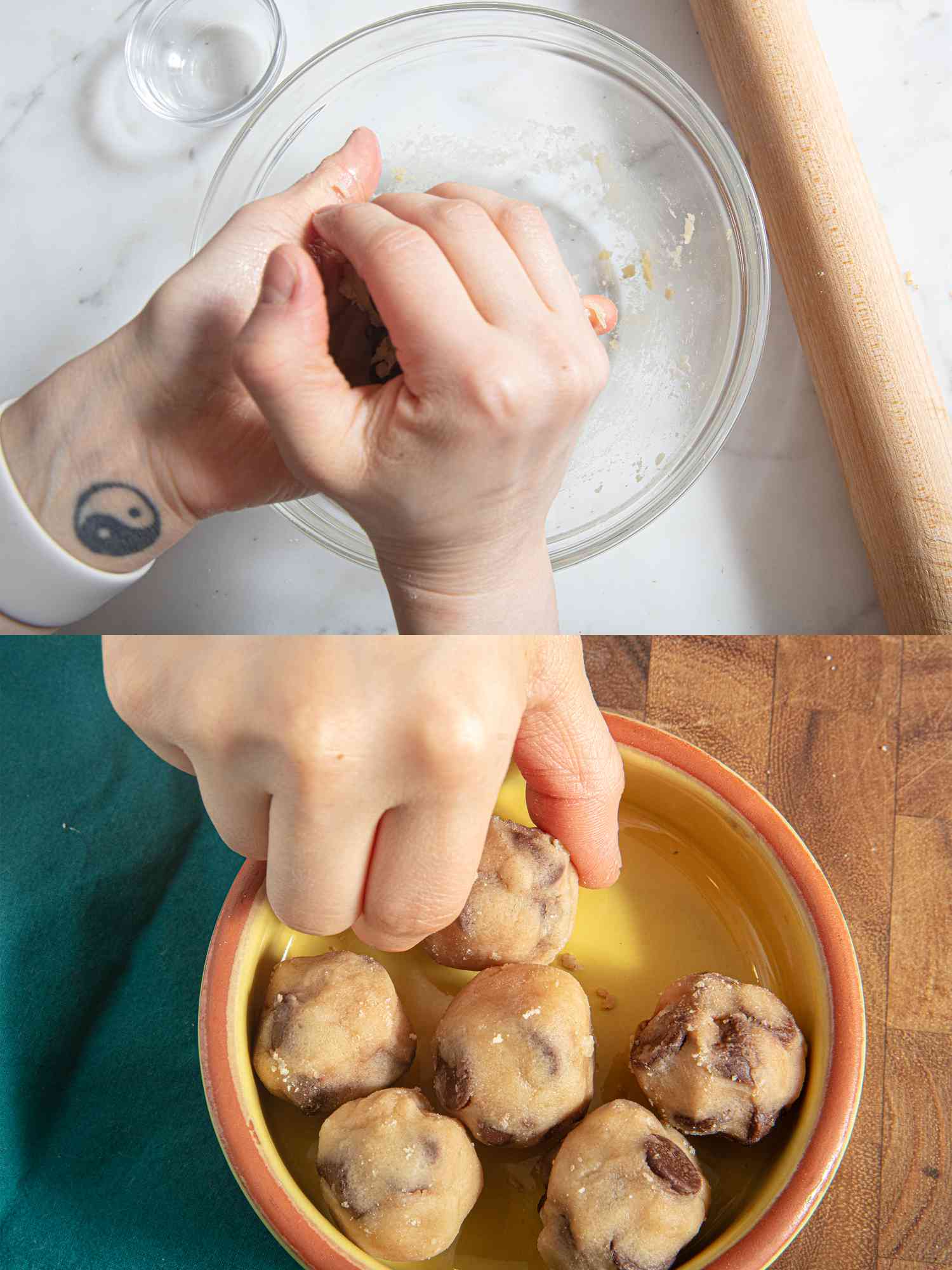 Two image collage of forming edible cookie dough balls