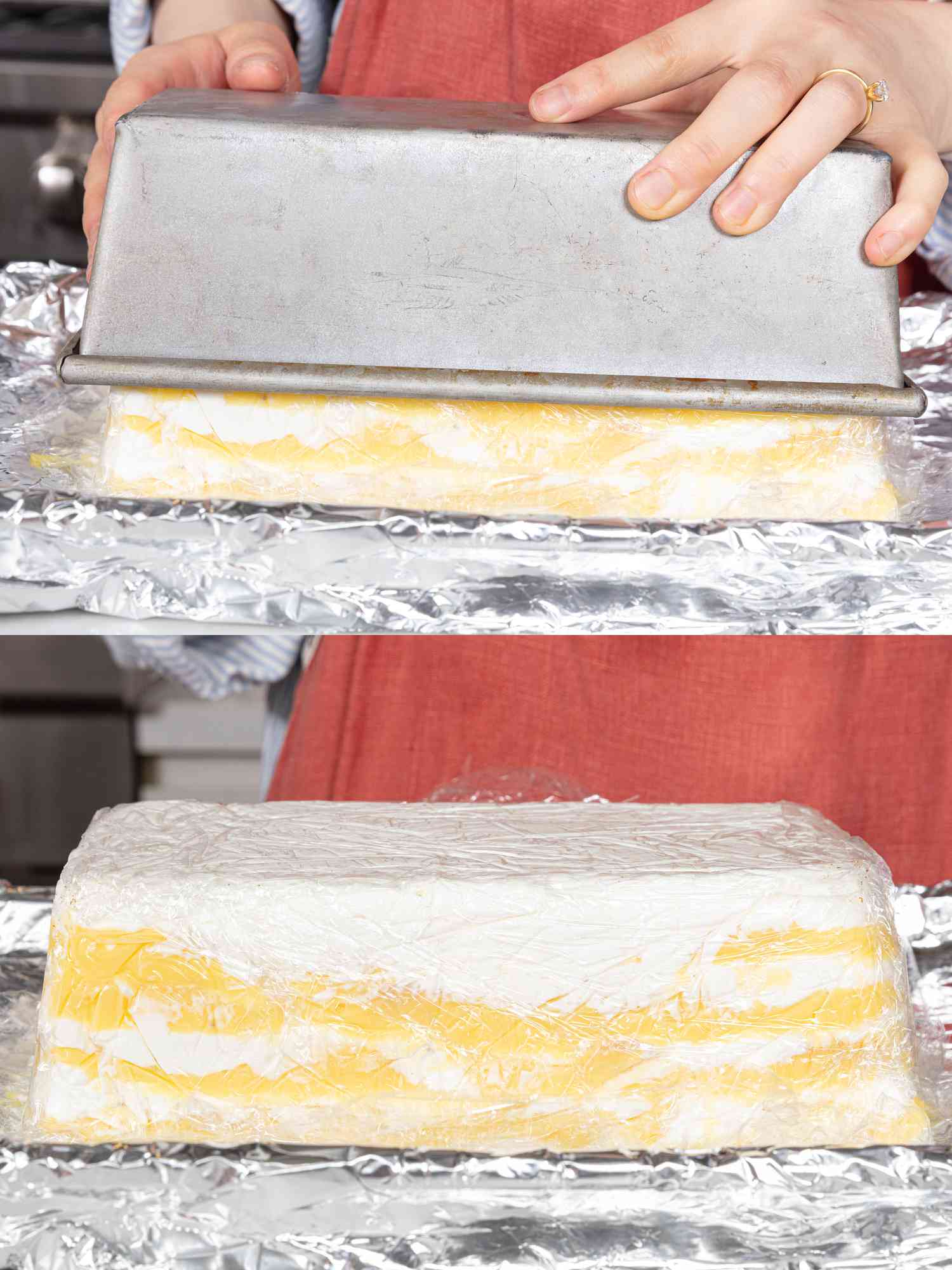 2 image collage. Top: Chilled Meringue cake flipped out of loaf tin, and being placed onto foil. Bottom: Meringue cake fully removed from pan, wrapped in plastic wrap, on top of foil. 