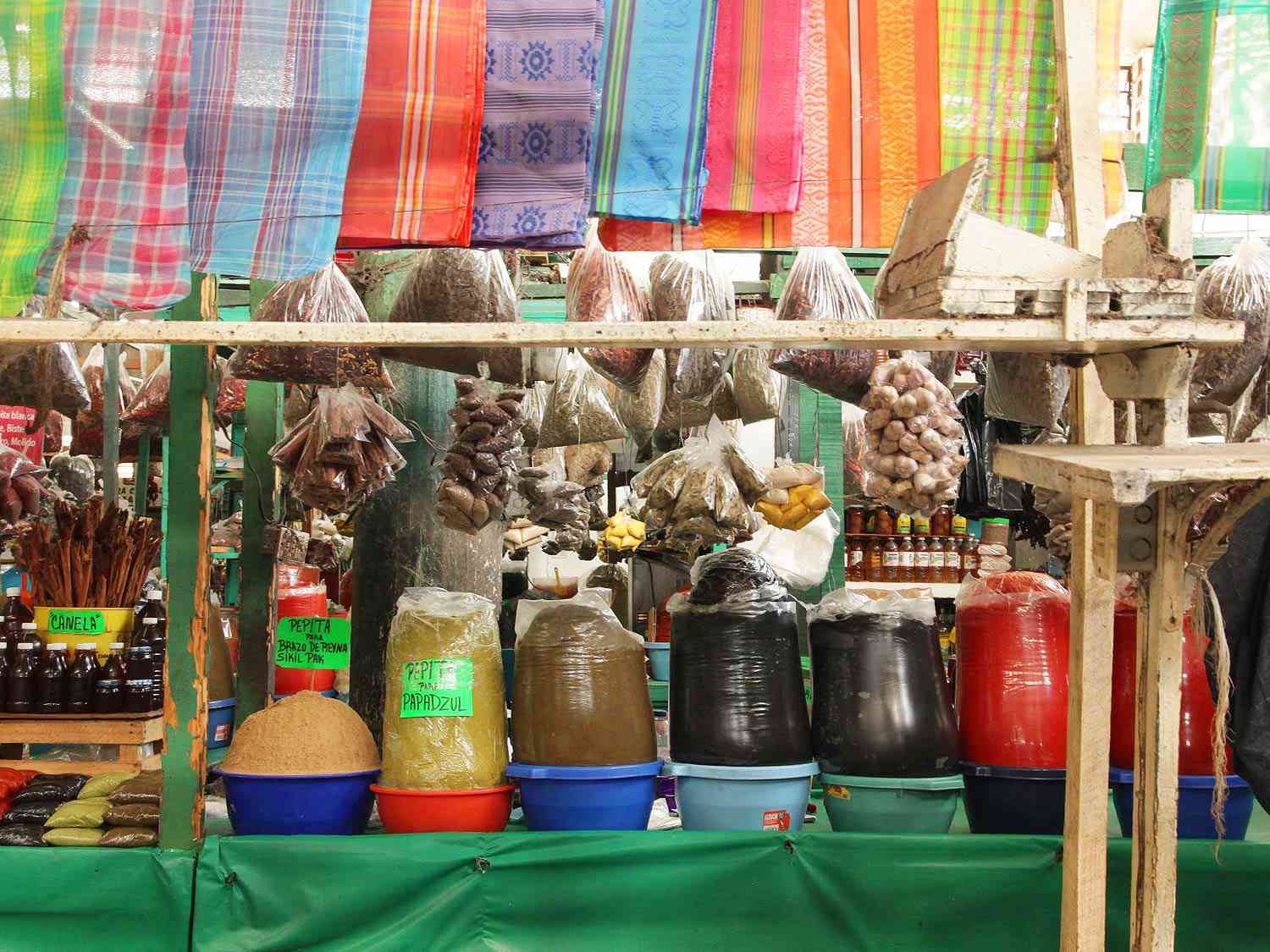 The Mérida Market with colorful flags.