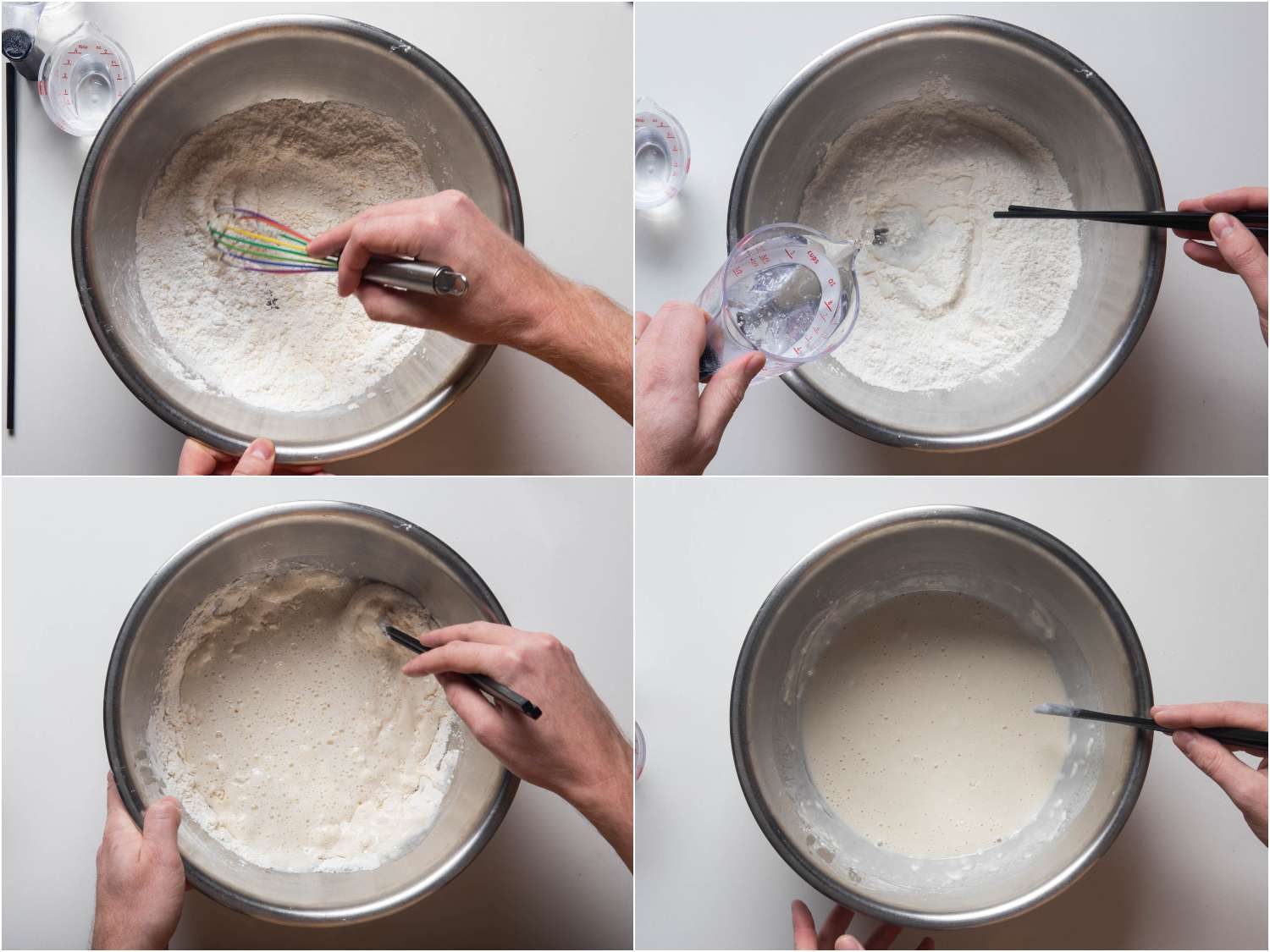 Collage showing batter being mixed for fried salt cod fillets
