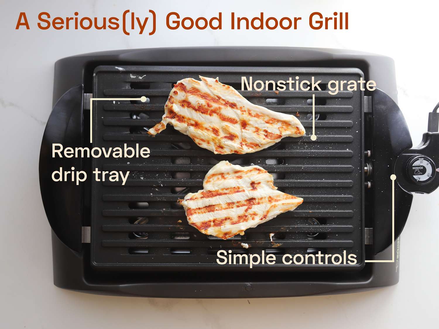 grill on white backdrop with the words: removable drip trays, nonstick grate, and simple controls on top