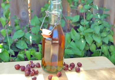 A bottle of homemade hazelnut liqueur. 