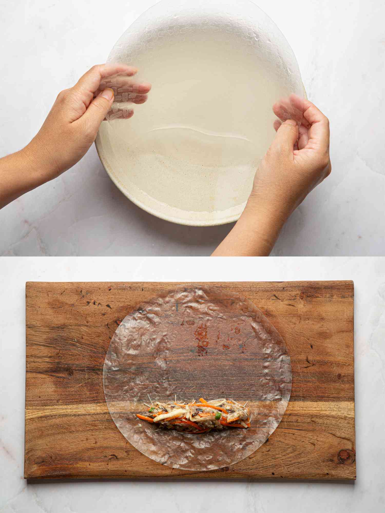 Two image collage of wetting rice paper and placing filling in a log towards the bottom edge