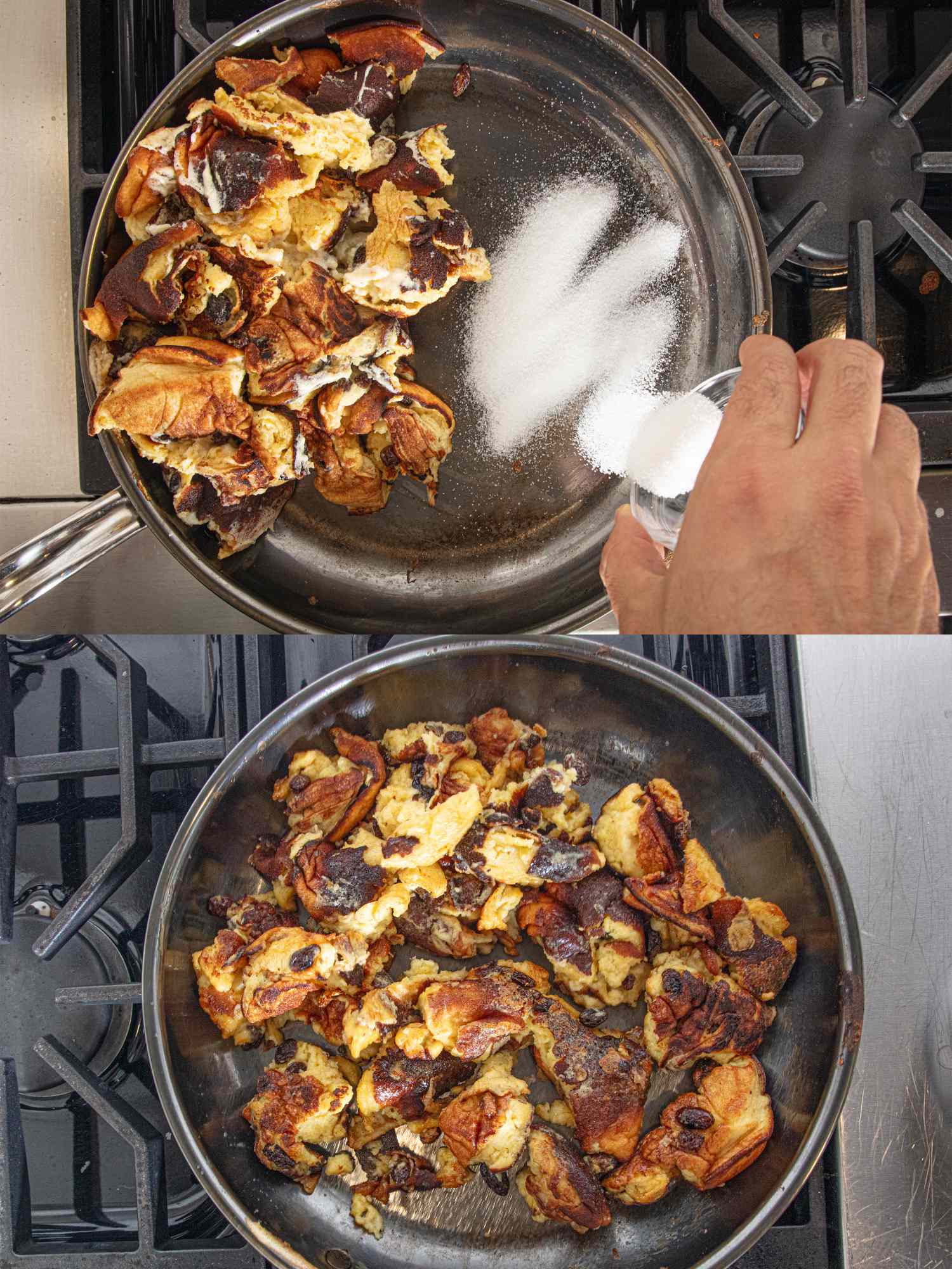A sequence showing Kaiserschmarrn preparation in a skillet with sugar being added in the top image