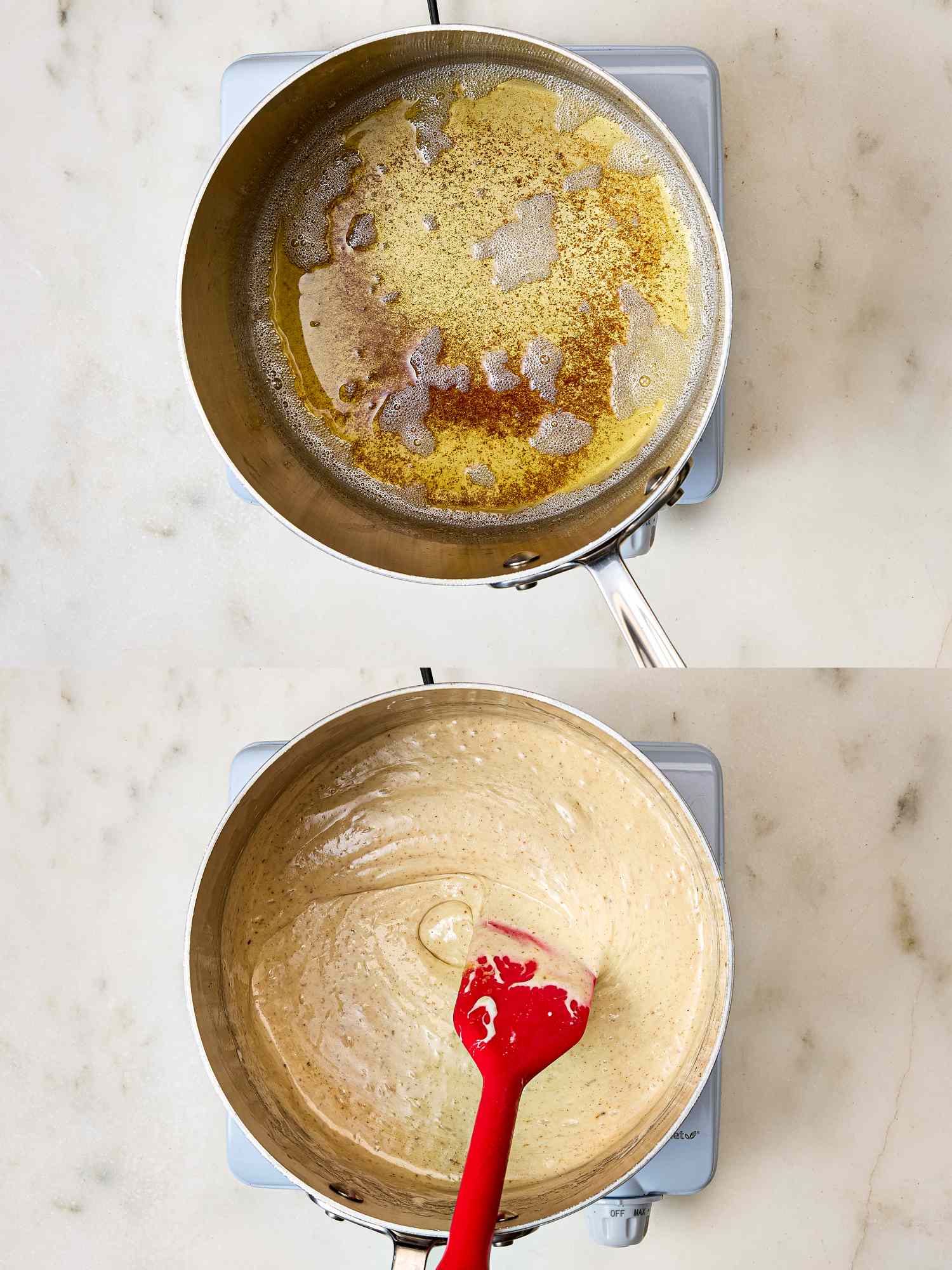 Two stages of making a marshmallow mixture in a pot on a stove one showing melted butter the other the mixed marshmallow mixture