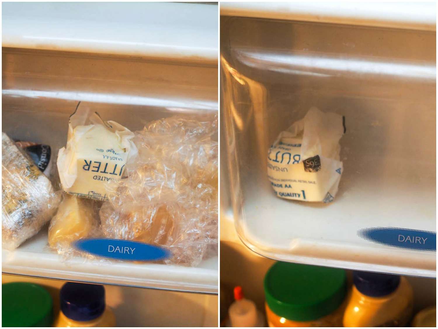 Author's refrigerator. The dairy section is filled with small wrapped pieces of cheese in one image. In the other, the section has been cleaned out.