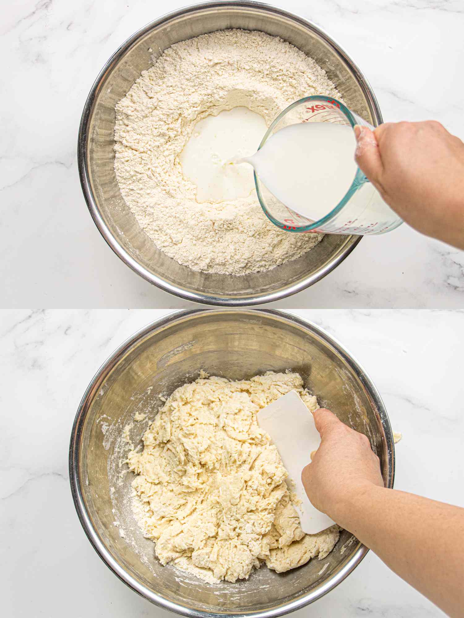 Steps in preparing a dough ingredients being mixed in a bowl