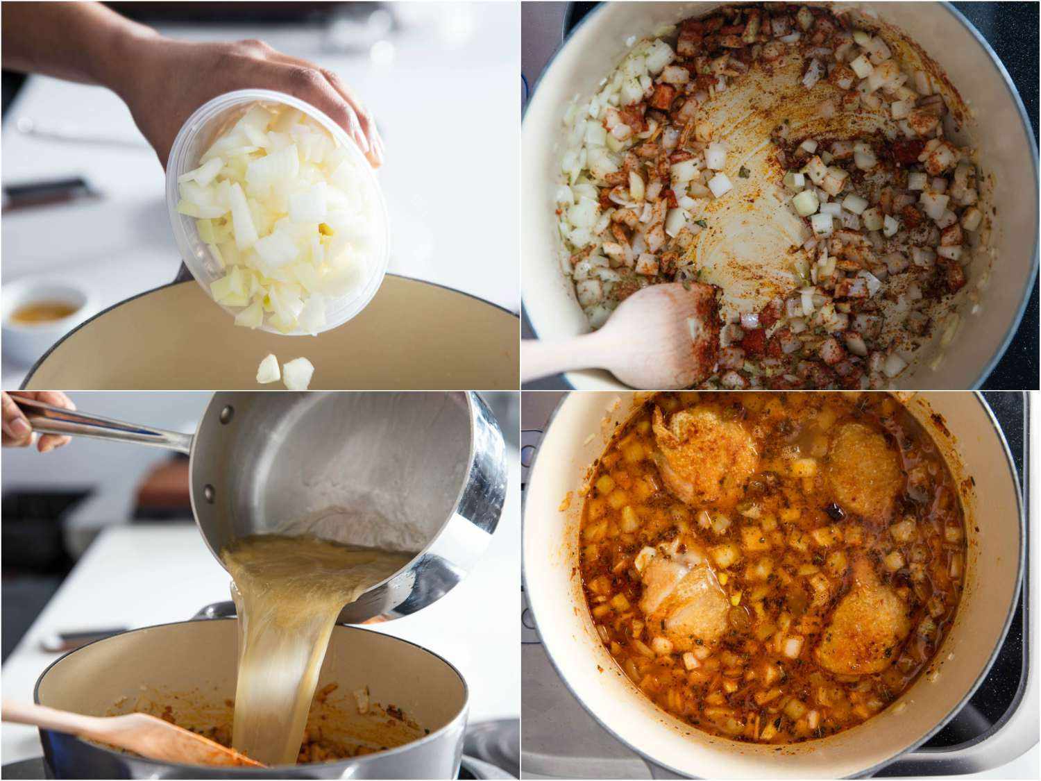 A four-image collage: The top left image shows onions being dropped into a Dutch oven. The top right image shows spices added to the onion mixture. The bottom left image shows stock being poured into the Dutch oven. The bottom right image shows chicken thighs added to the mixture. 