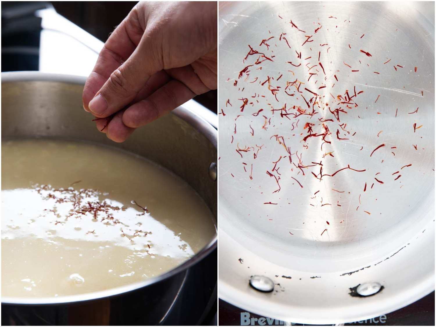 Collage of adding saffron directly into dishes. On the left, saffron is added to simmering liquid; on the right, saffron is toasted in a dry pan.
