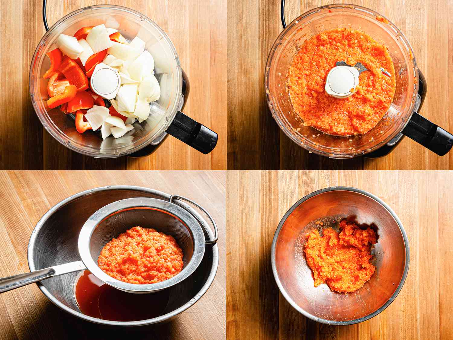 Four image collage of peppers and onions before and after in a food processor, mixture straining, and mixture with liquid removed in a metal bowl