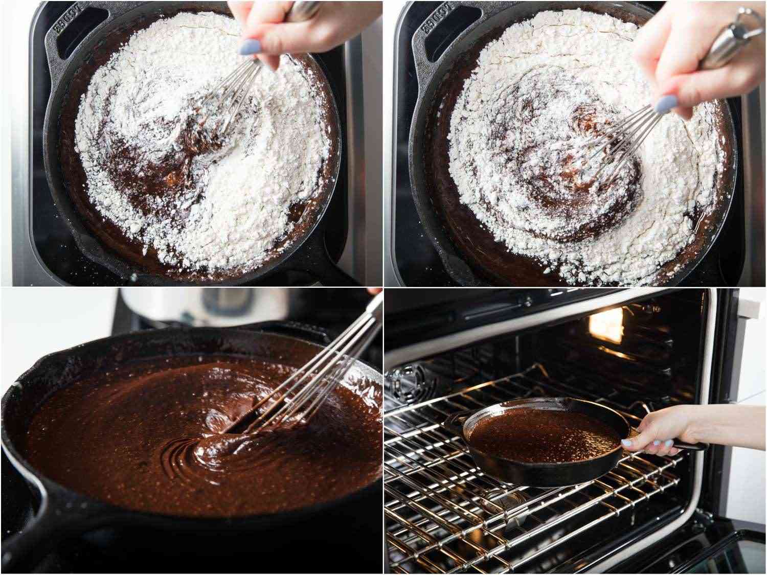 A 4-image collage of making chocolate skillet cake batter: whisking flour into chocolate mixture until smooth and transferring the skillet to the oven.