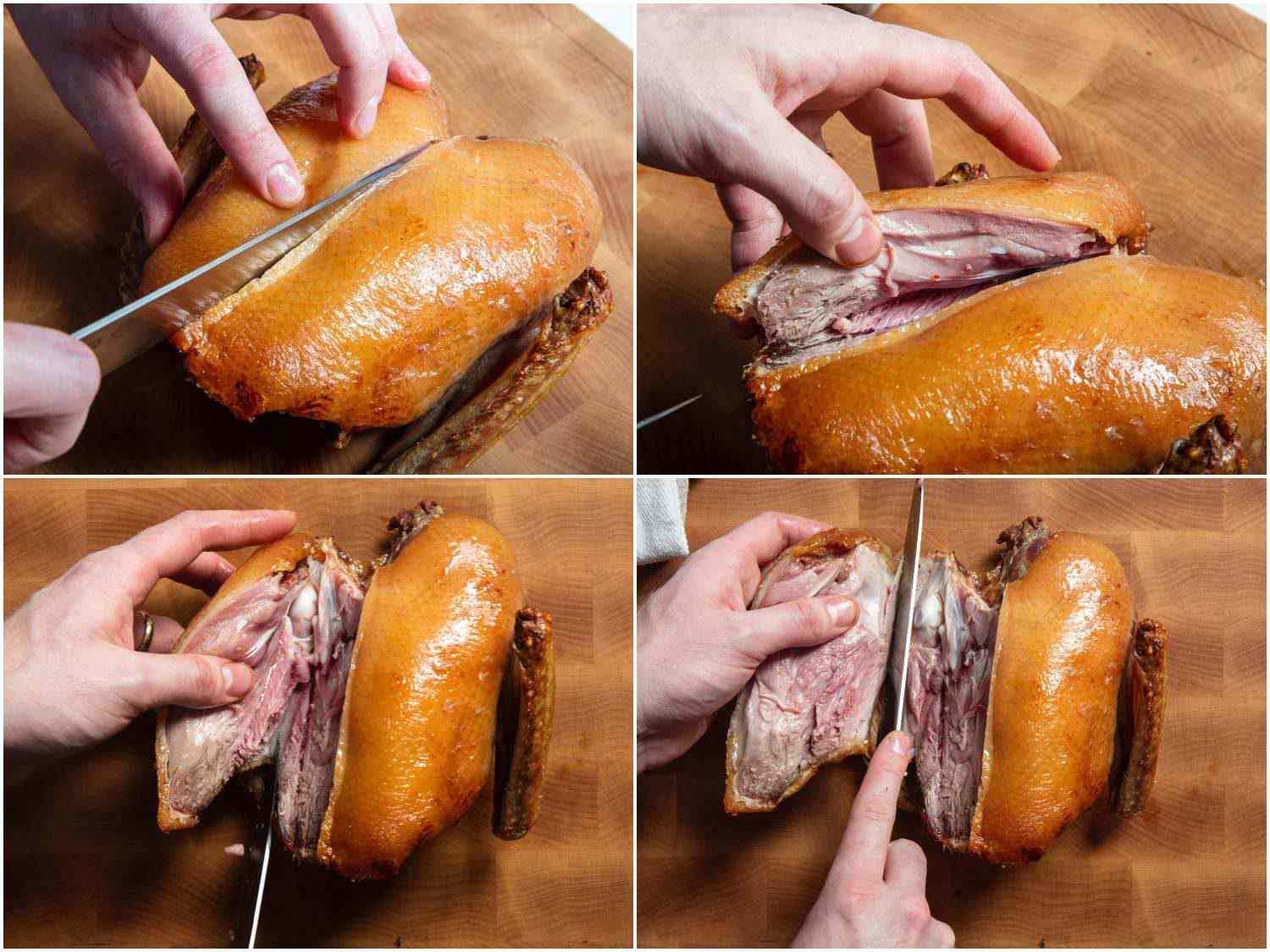 Photo collage showing process of cutting a duck breast off the crown after roasting.
