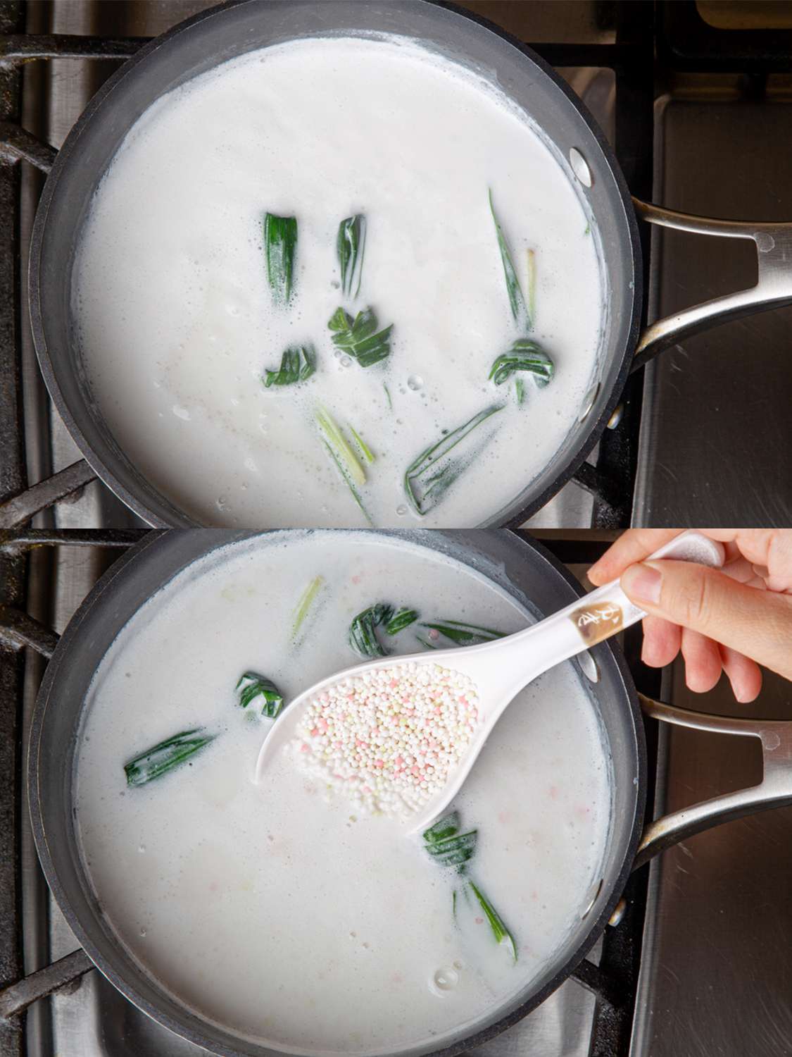Two image collage of pandan, milk and sugar mixture in a pot on the stove and then adding tapioca pearls to mixture