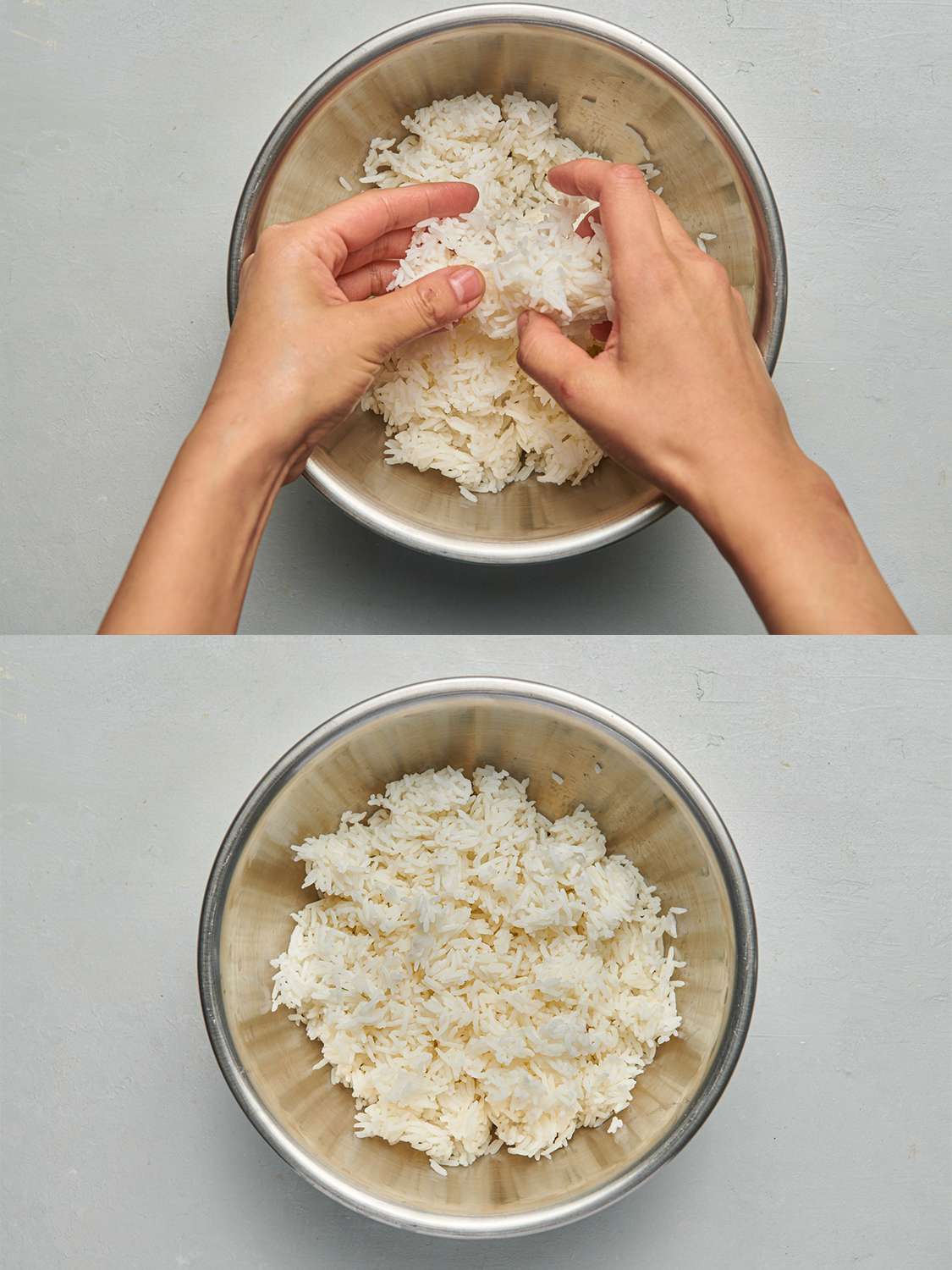 A two-image collage. The top image shows a pair of hands breaking up day-old rice in a metal bowl. The bottom image shows the bowl full of the broken up rice.
