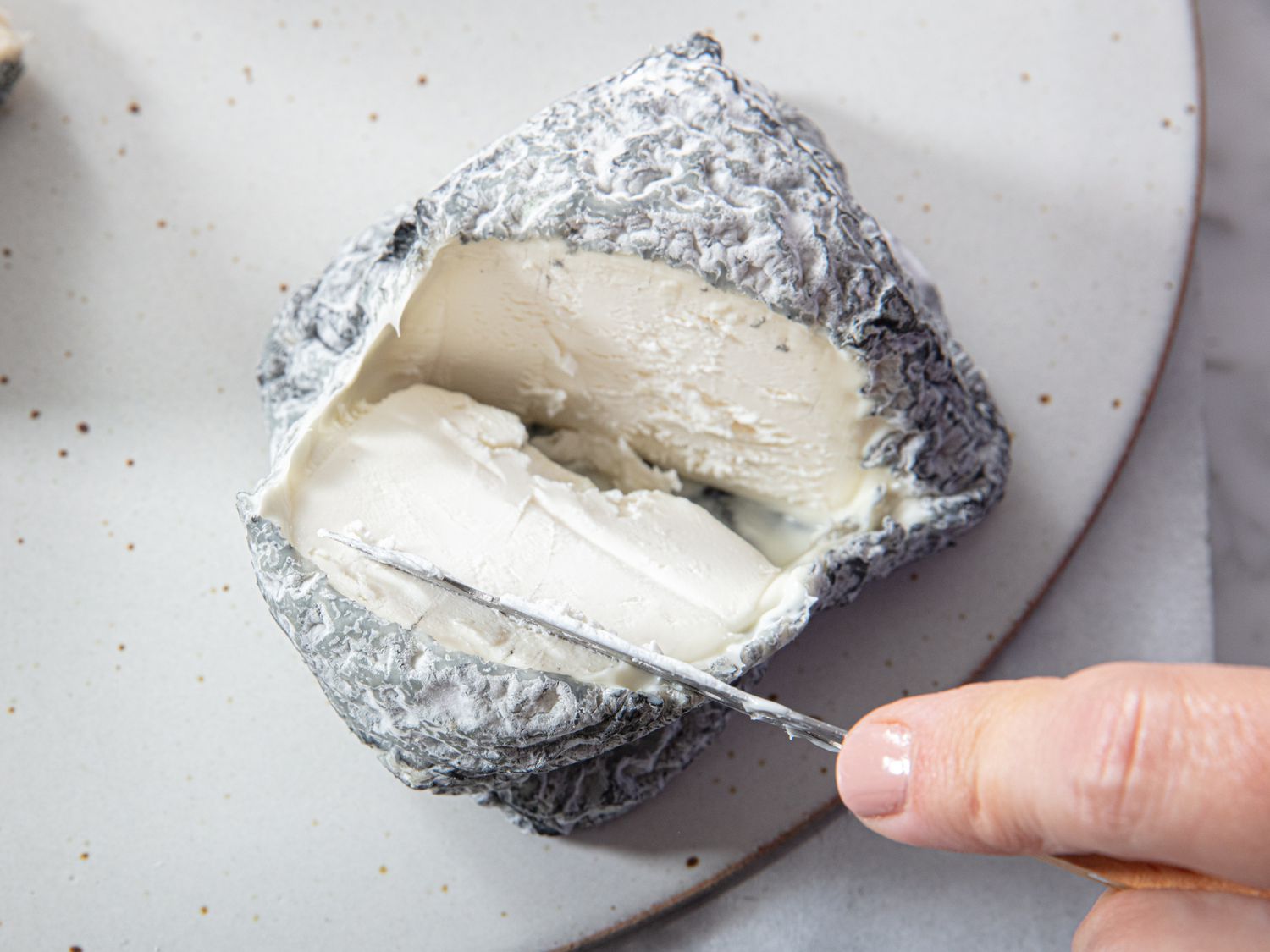 Overhead view of cutting cheese