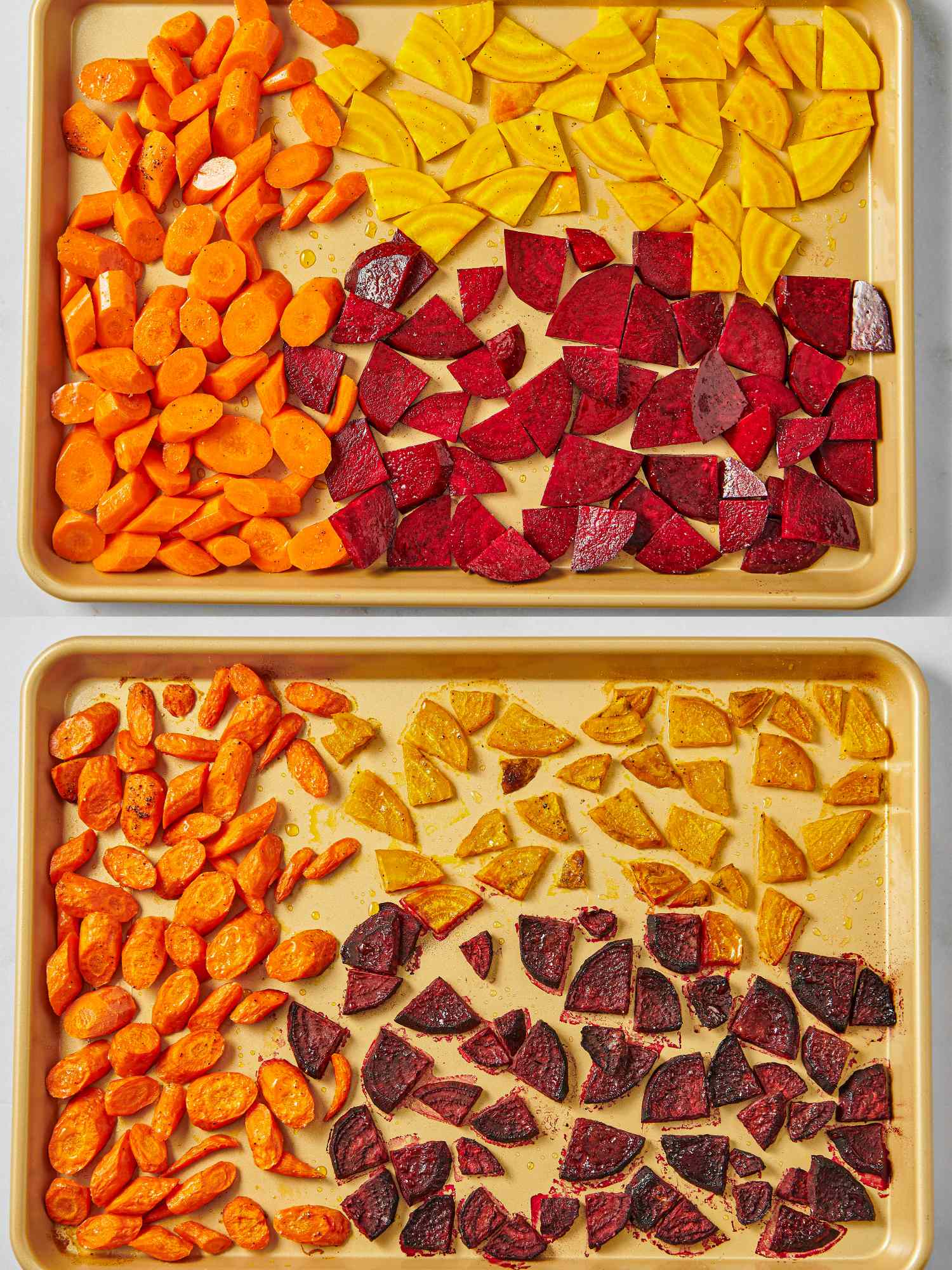 Chopped carrots beets and other root vegetables arranged on two baking trays prepped for roasting