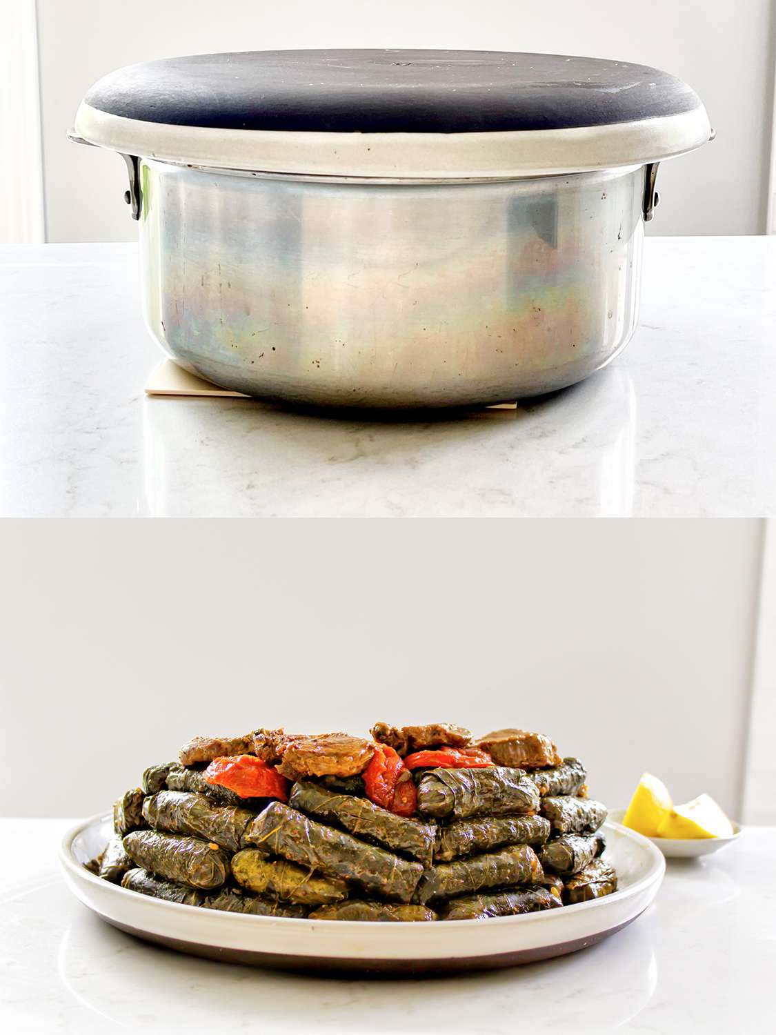Two Image Collage. Top: Pot with platter placed over lid. Bottom: Flipped over stuffed grape leaves on platter showing meat and tomatoes at top