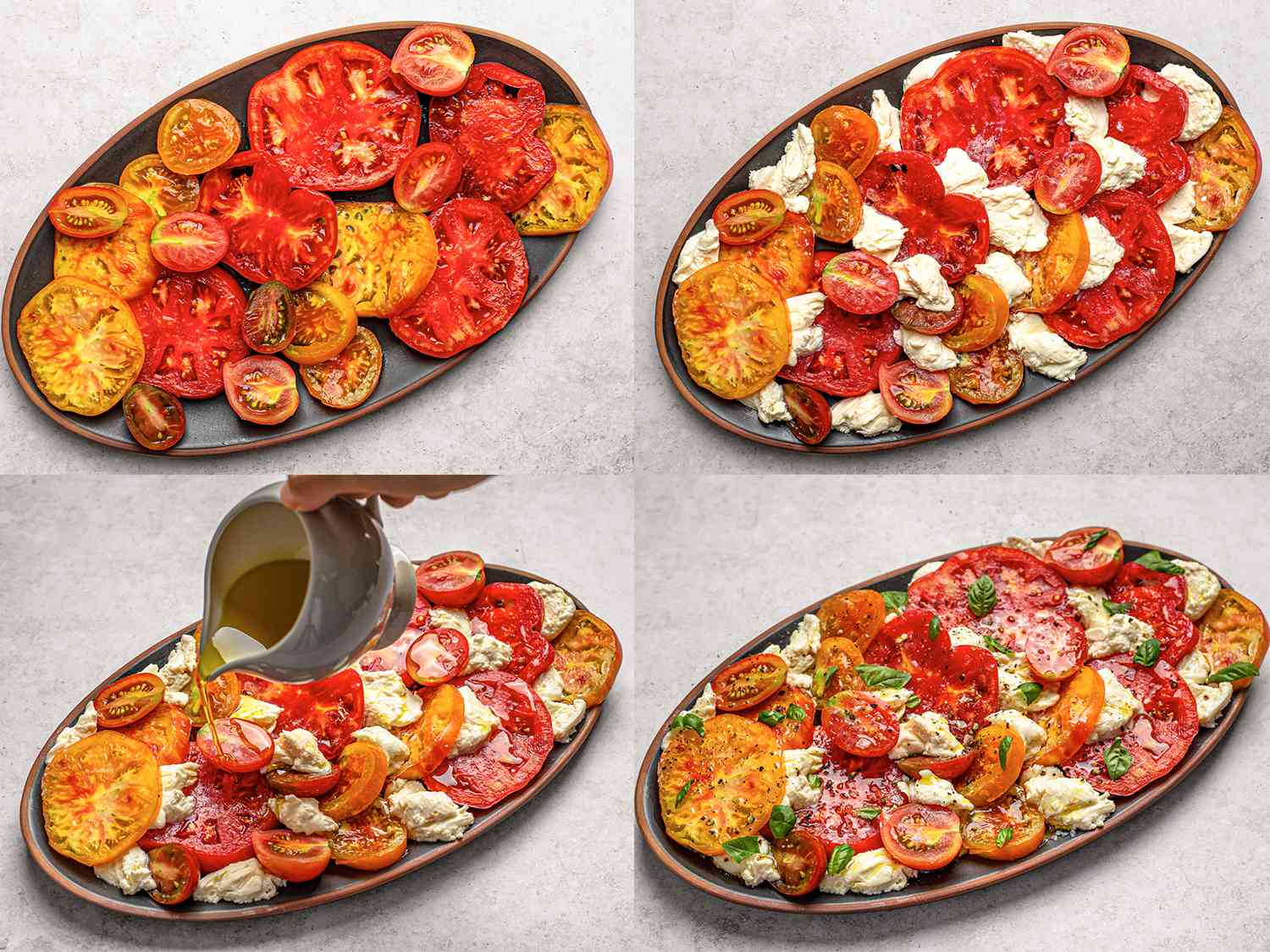 A four-image collage. The top left image shows an oval ceramic platter with sliced tomatoes spread out on it. The top right image shows the tomatoes now layered with torn mozzarella. The bottom left image shows the tomatoes and mozzarella being drizzled with olive oil. The bottom right image shows the platter of olive-oil covered tomatoes and mozzarella now sprinkled with basil leaves.