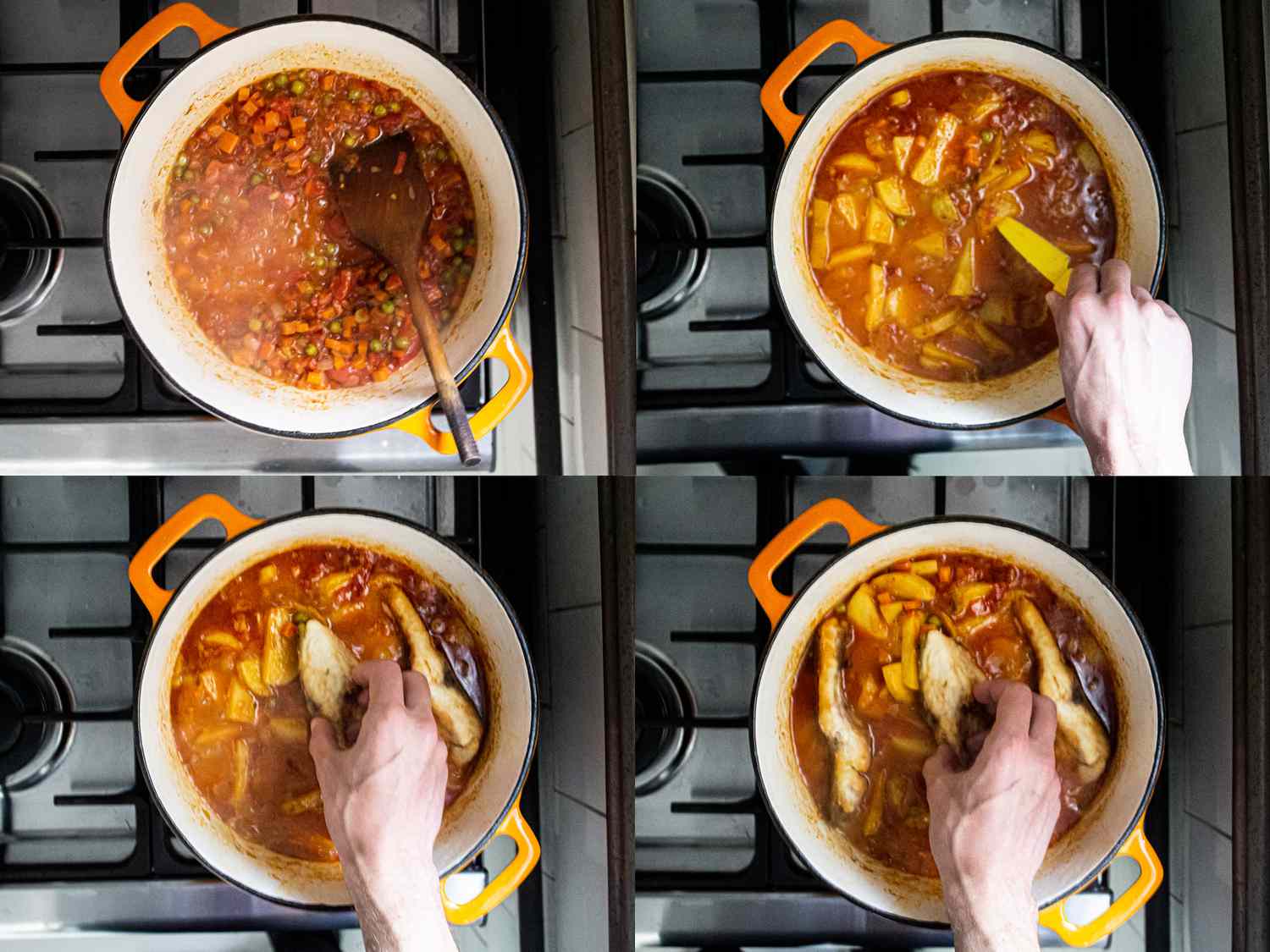 Four image collage of finishing stew
