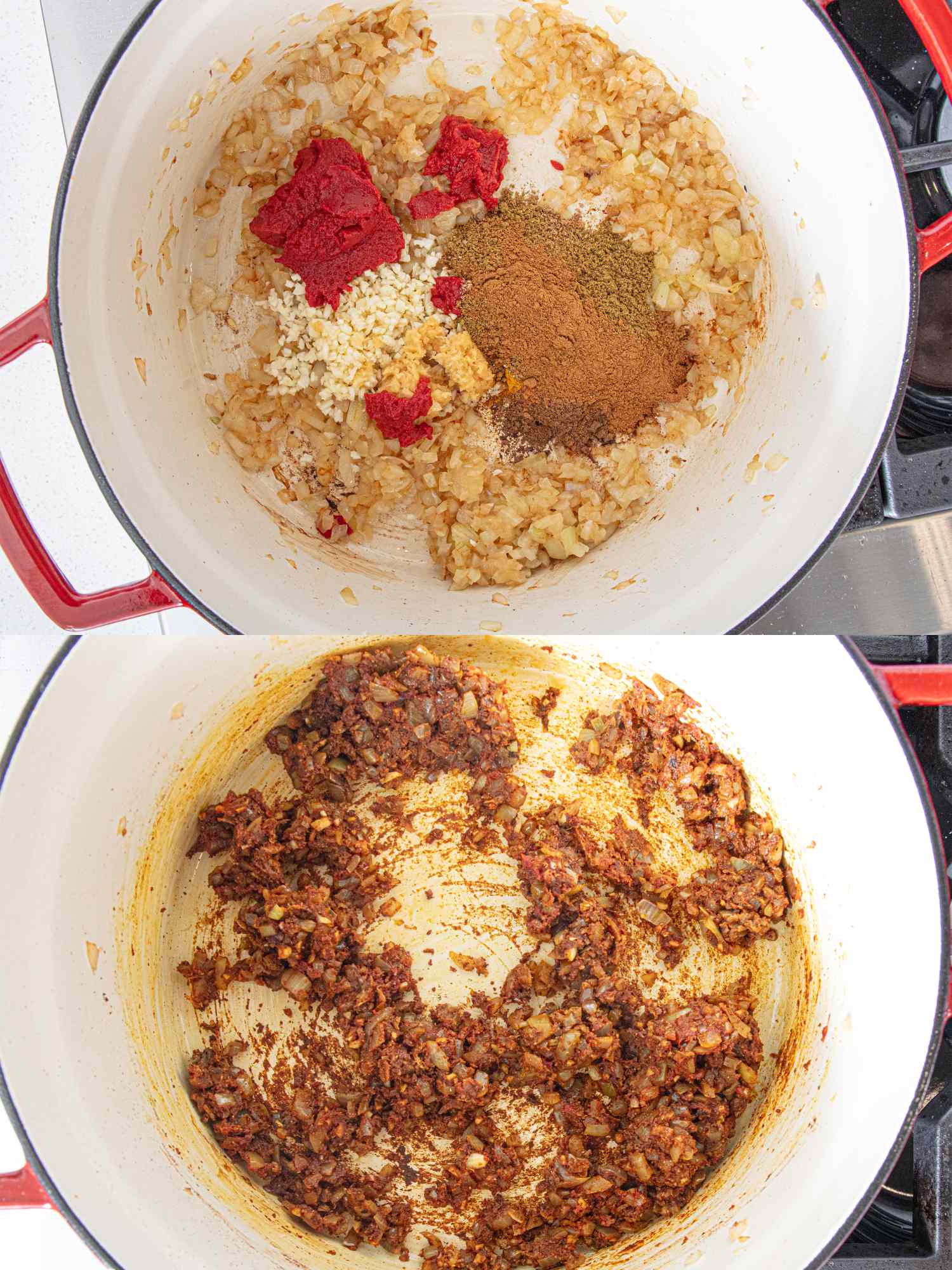 Two stages of cooking in a pot showing ingredients being combined and then a cooked mixture