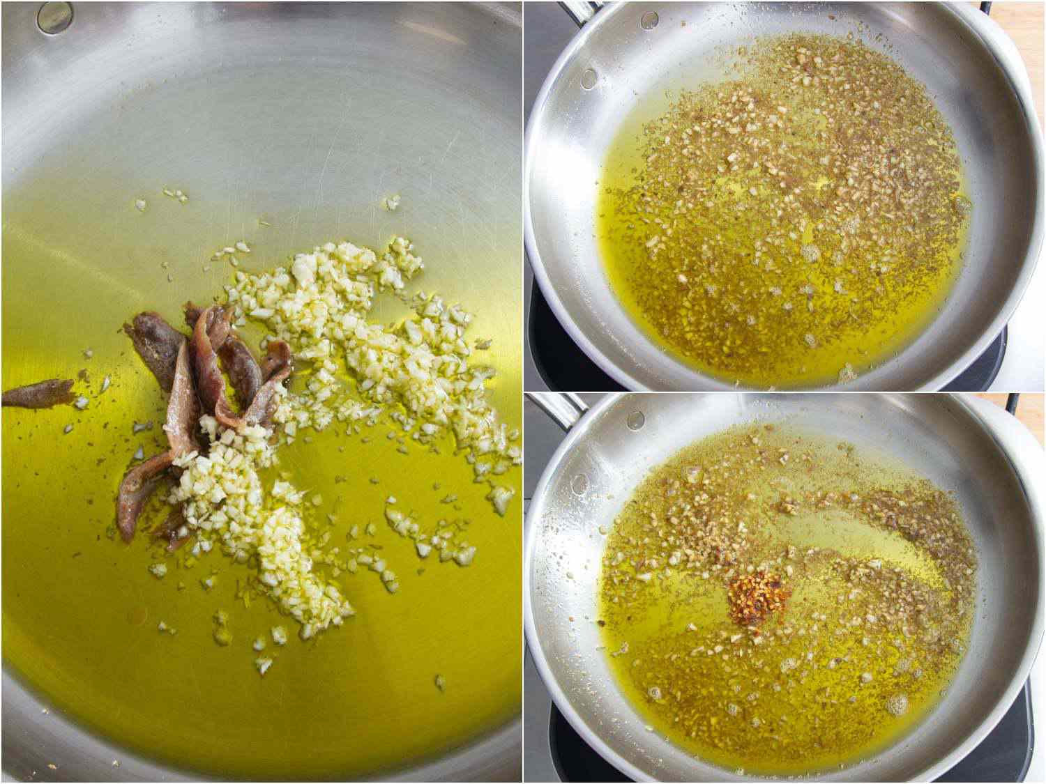 A three-image collage: The left image shows anchovies and minced garlic in olive oil in a frying pan. The top right image shows the anchovies have been dissolved. The bottom right image shows chile flakes added to the pan. 